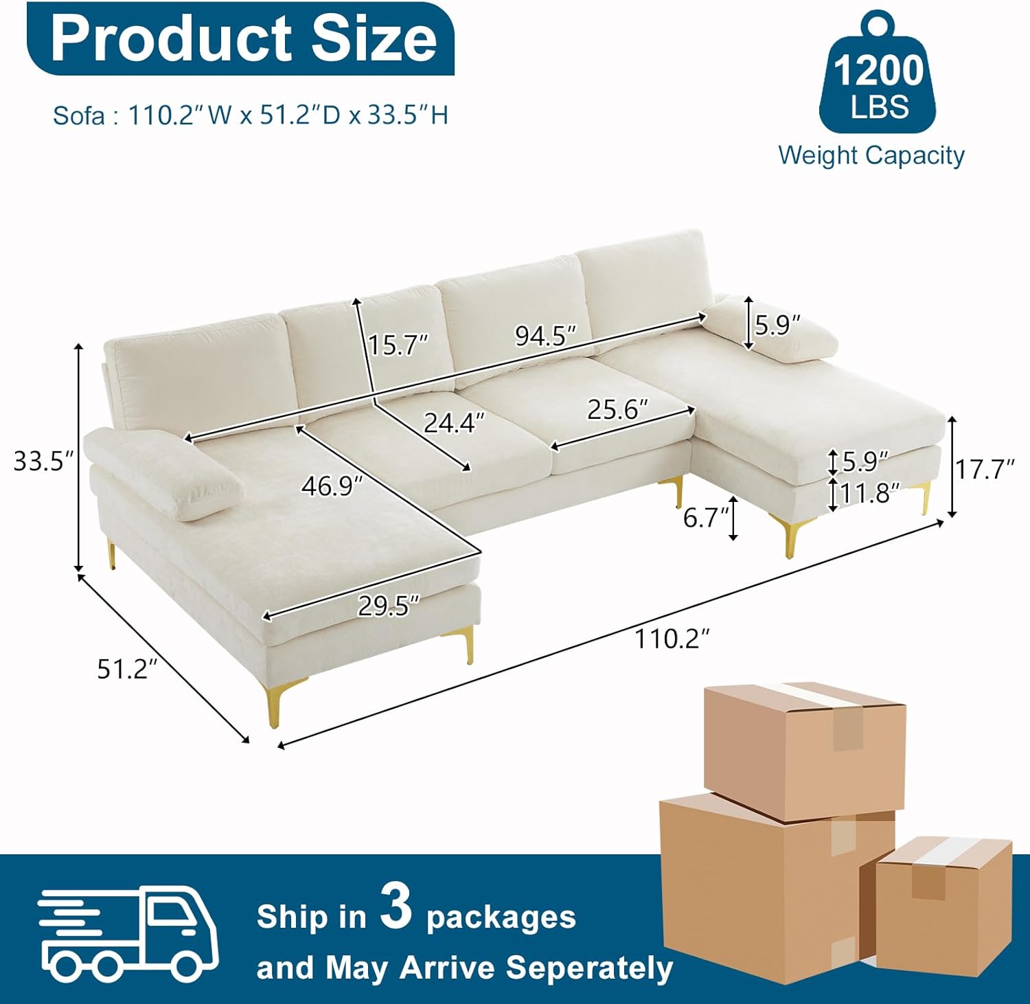 VINGLI 110' Large U-Shape Sectional Sofa Couch with 51' D Double Chaise for Living Room, Modern Sectional Couch Set with Soft 5.9' Thickness Seating Padding, Chenille Fabric,Metal Gold Legs(Beige)