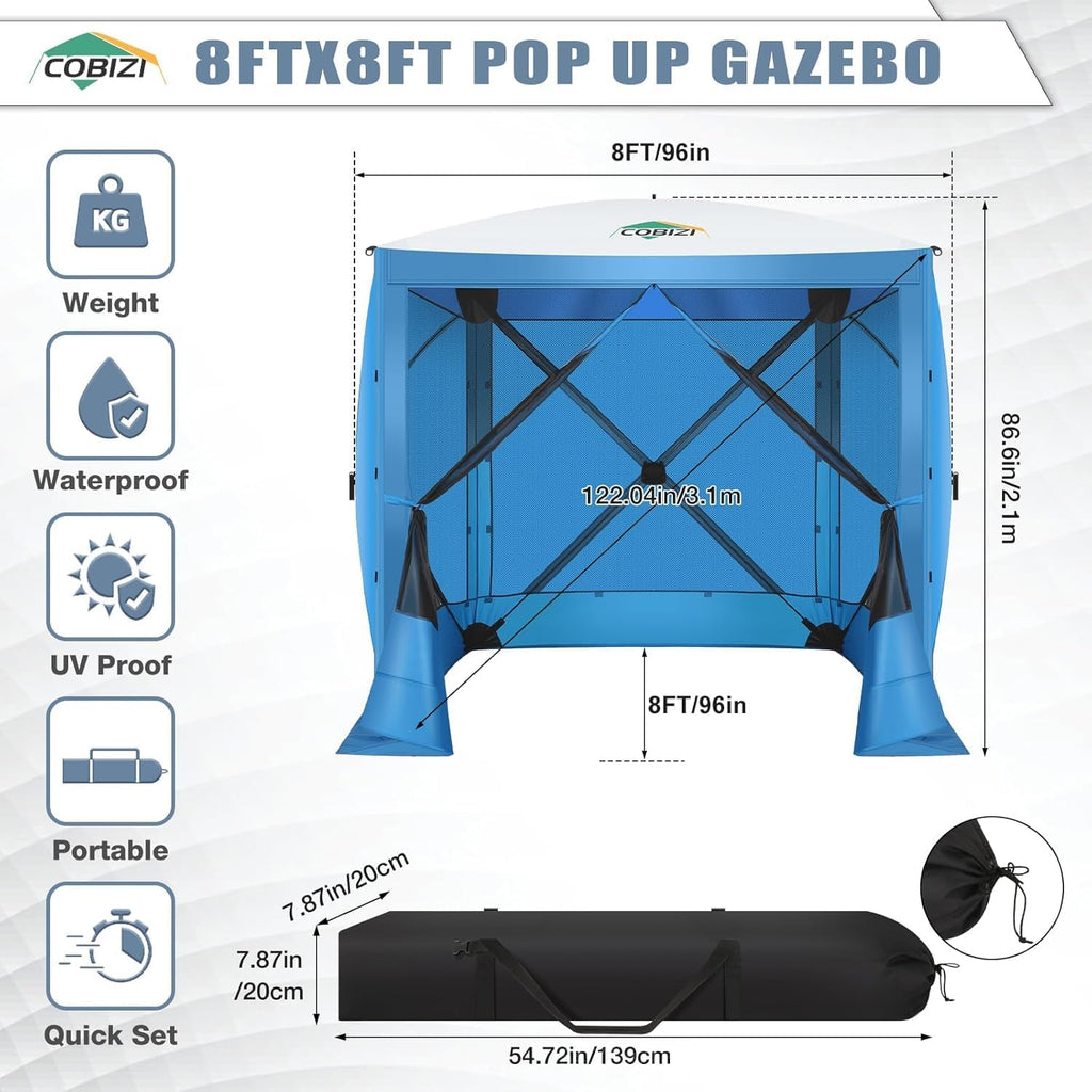 COBIZI 6x6FT Pop Up Gazebo Screen Tent Screen House for Camping, Screen Room with Sidewalls and Mosquito Netting, Hub Tent Instant Screened Canopy with Carrying Bag and Ground Stakes, Blue