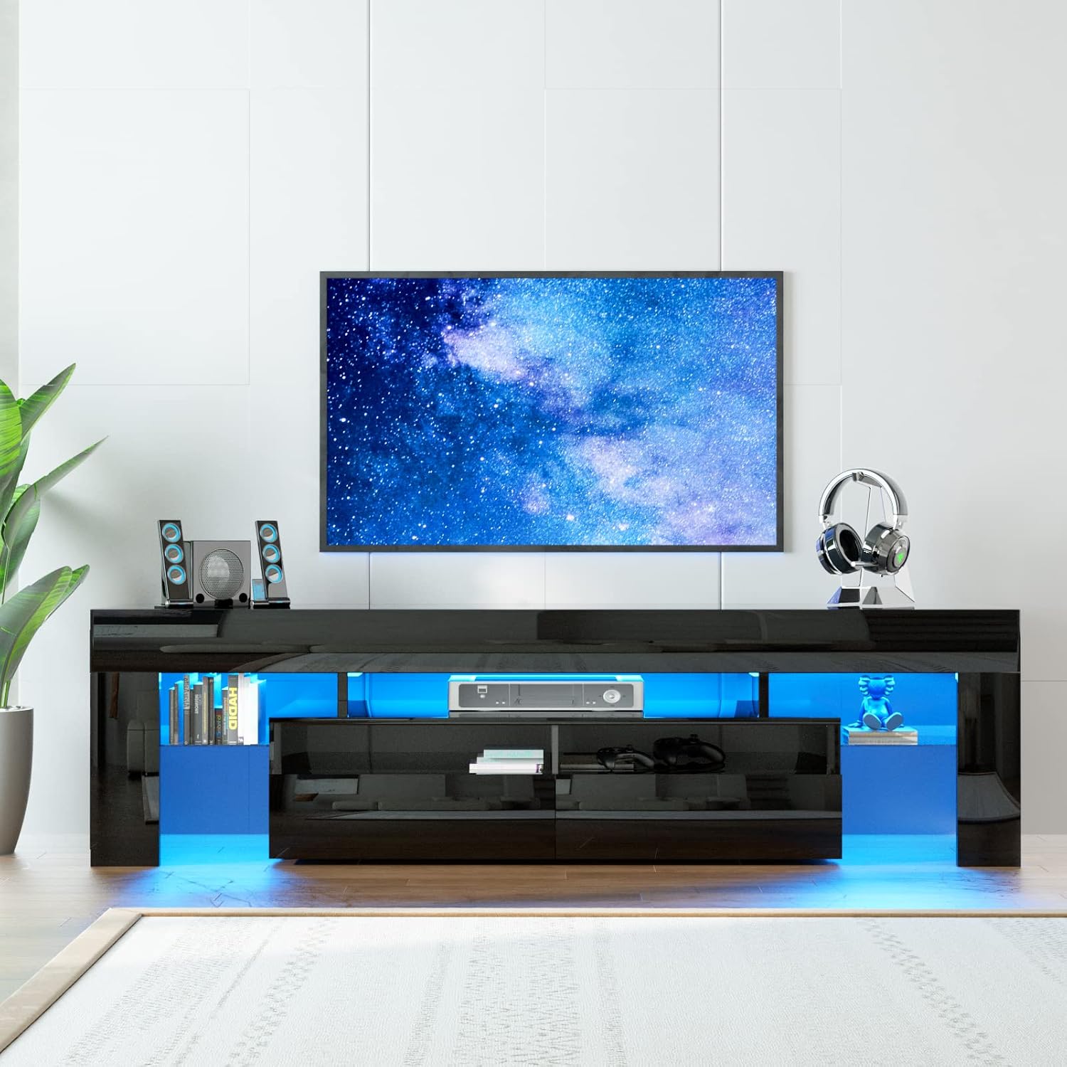 Squireewo TV Stand with 16 Color LED Lights, Media Console with Drawer and Glass Open Shelf for 60/65/70 inch TV, Modern Gloss Entertainment Center for Living Room, Black