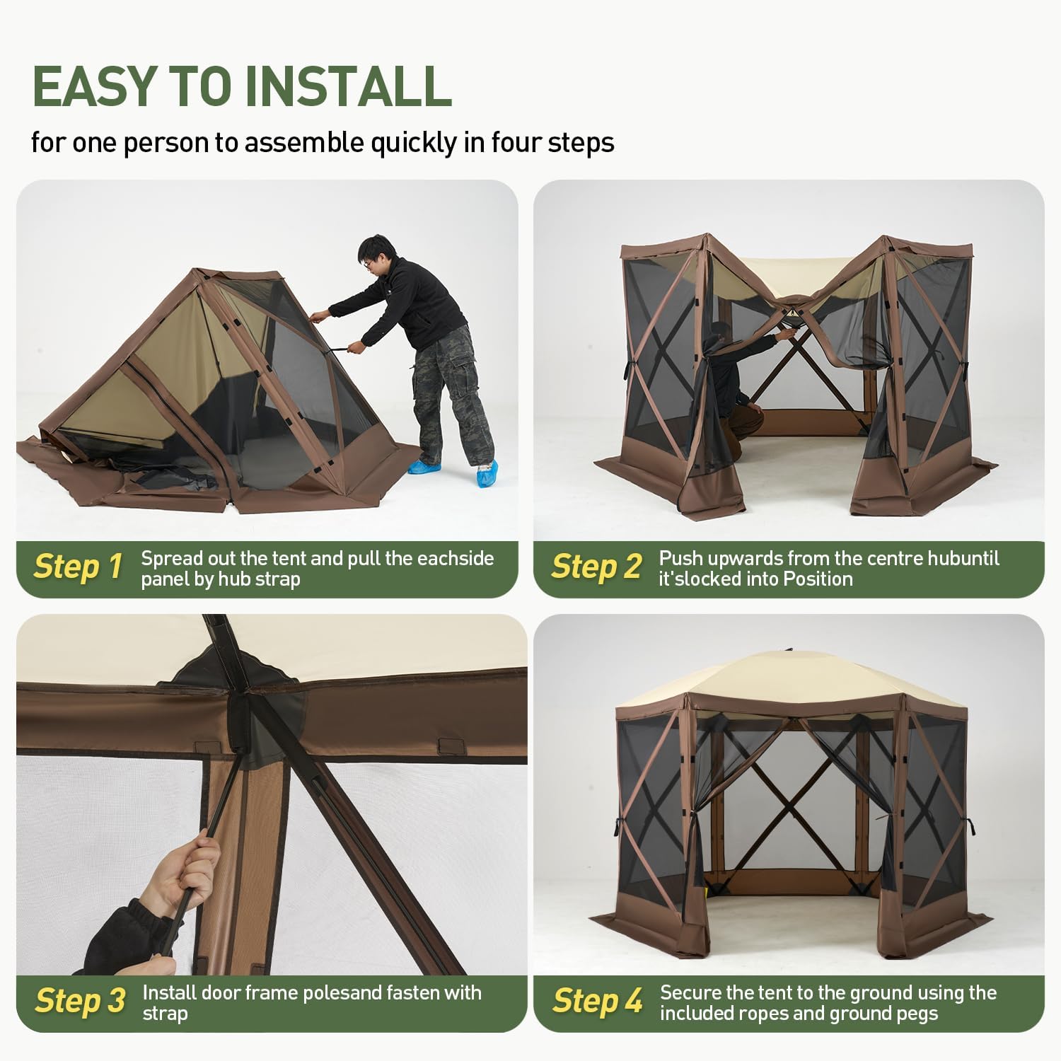Aoxun 10x10FT Pop Up Canopy Tent, 6-Sided Pop-up Gazebo Screen Tent with Mesh Windows, Outdoor Canopy Shelter Tent with Carrying Bag, Large Shade Tents for Camping, Backyard, Patio, Lawn, Brown