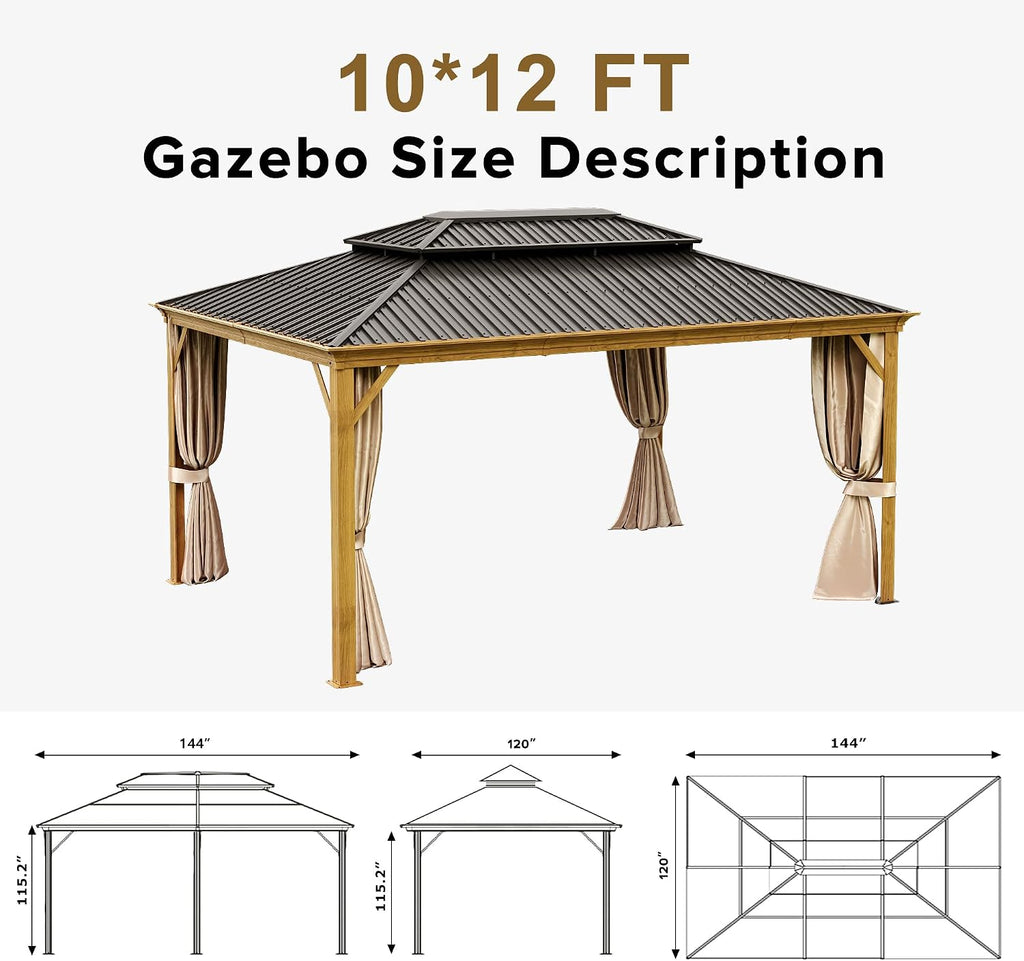 10x12ft Hardtop Gazebo, Wooden Finish Coated Aluminum Frame Canopy with Galvanized Steel Double Roof, Outdoor Permanent Metal Pavilion with Curtains & Netting for Garden, Brown (Wooden 10x12 Ft)