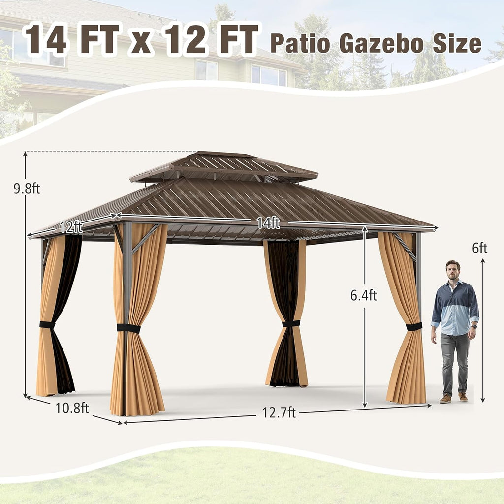 Tangkula 12x14 FT Hardtop Gazebo, Aluminum Frame Permanent Pavilion with Curtains, Netting, Heavy-Duty Double-Tier Galvanized Metal Roof, Outdoor Gazebo for Patios Garden Deck Lawn Backyard