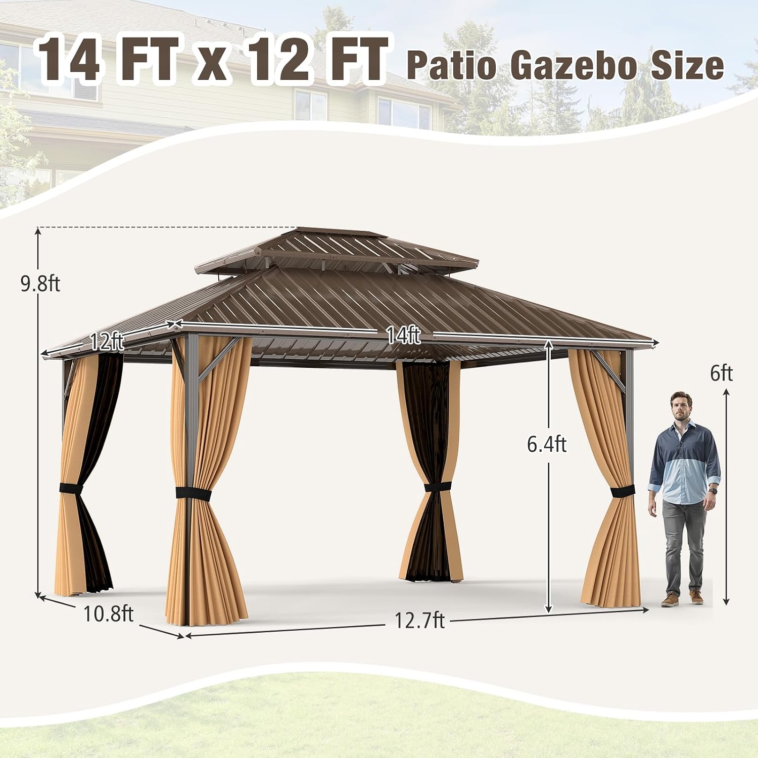 Tangkula 12x14 FT Hardtop Gazebo, Aluminum Frame Permanent Pavilion with Curtains, Netting, Heavy-Duty Double-Tier Galvanized Metal Roof, Outdoor Gazebo for Patios Garden Deck Lawn Backyard