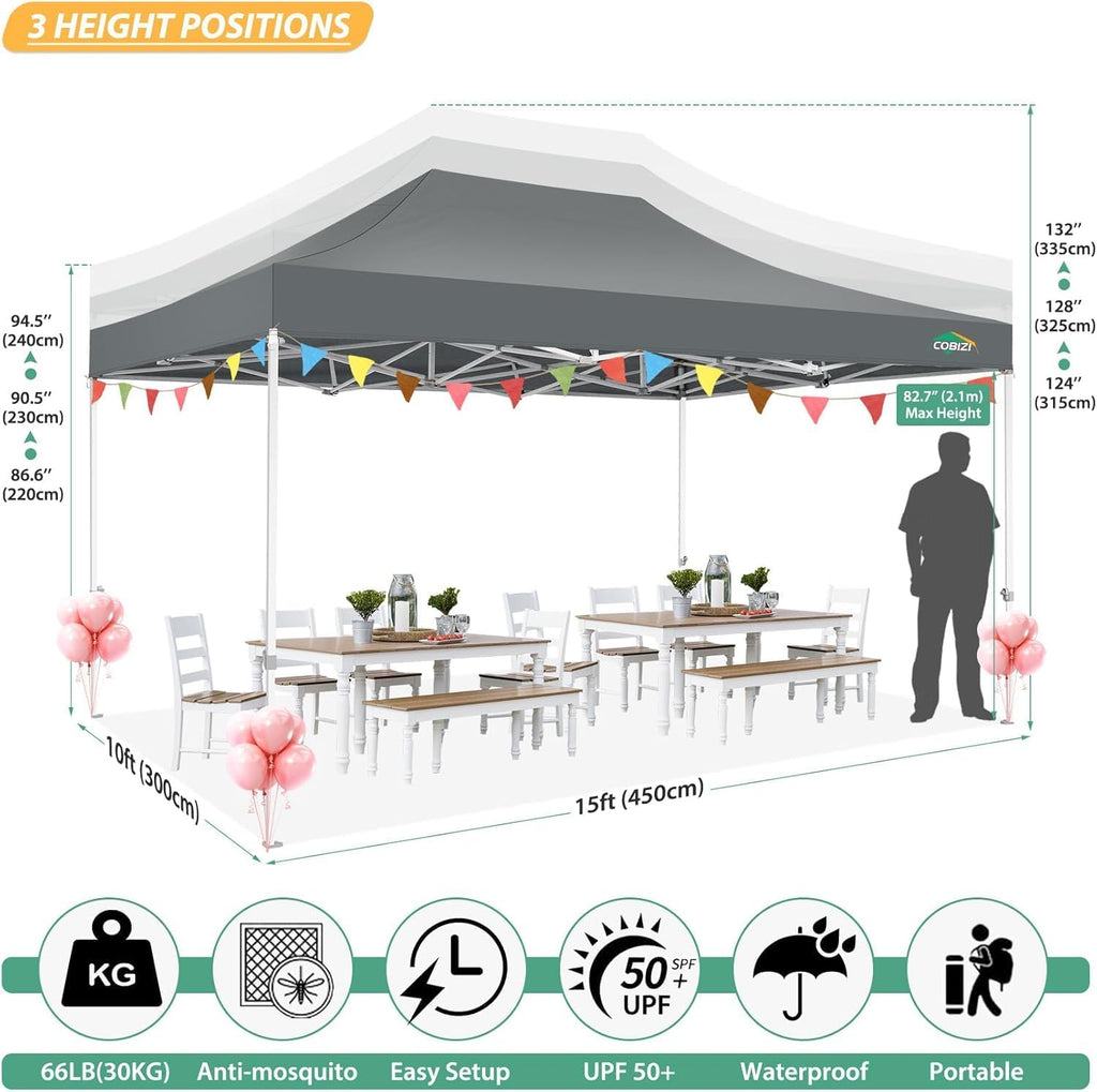 COBIZI 10x15 Heavy Duty Pop up Canopy with 4 Sidewalls, Canopy Tent with Mosquito Netting, Easy up Screen Party Tents for Parties Wedding Patio Backyard Commercial Gazebo with Handbag, Gray