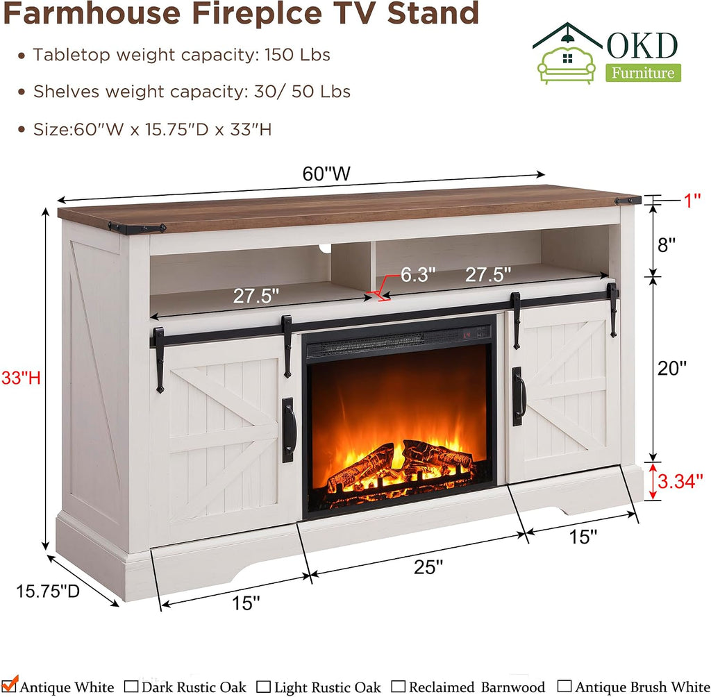 OKD Fireplace TV Stand for 65+ Inch TV, 33' Tall Highboy Farmhouse Entertainment Center w/ 23'' Electric Fireplace, Rustic Media Console w/Sliding Barn Door for Living Room, Antique White