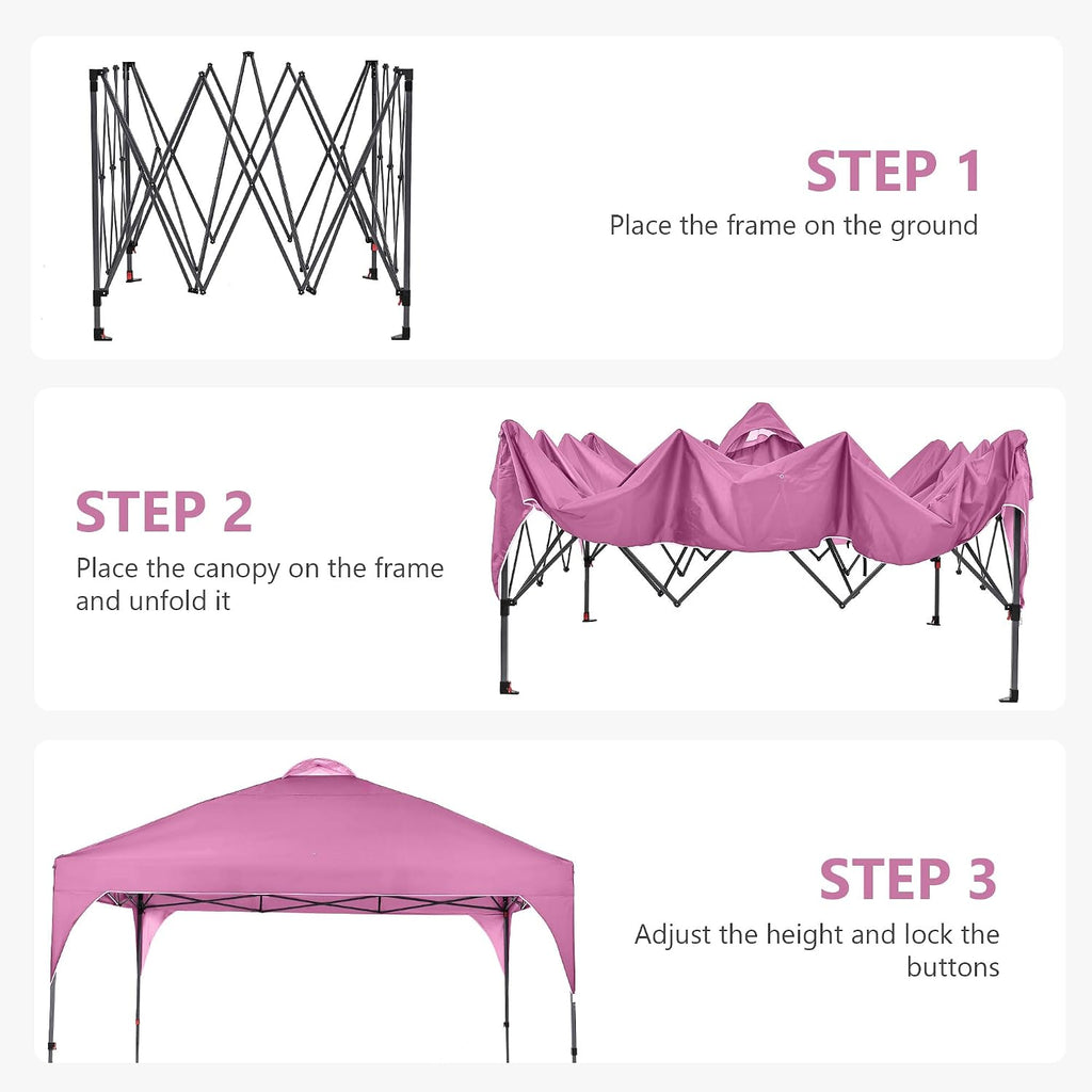 12'x12'FT Pop Up Canopy, Easy-Setup Gazebo, Outdoor Awning with 3-Adjustable Heights for Beach, Parties, Camping, Pink.
