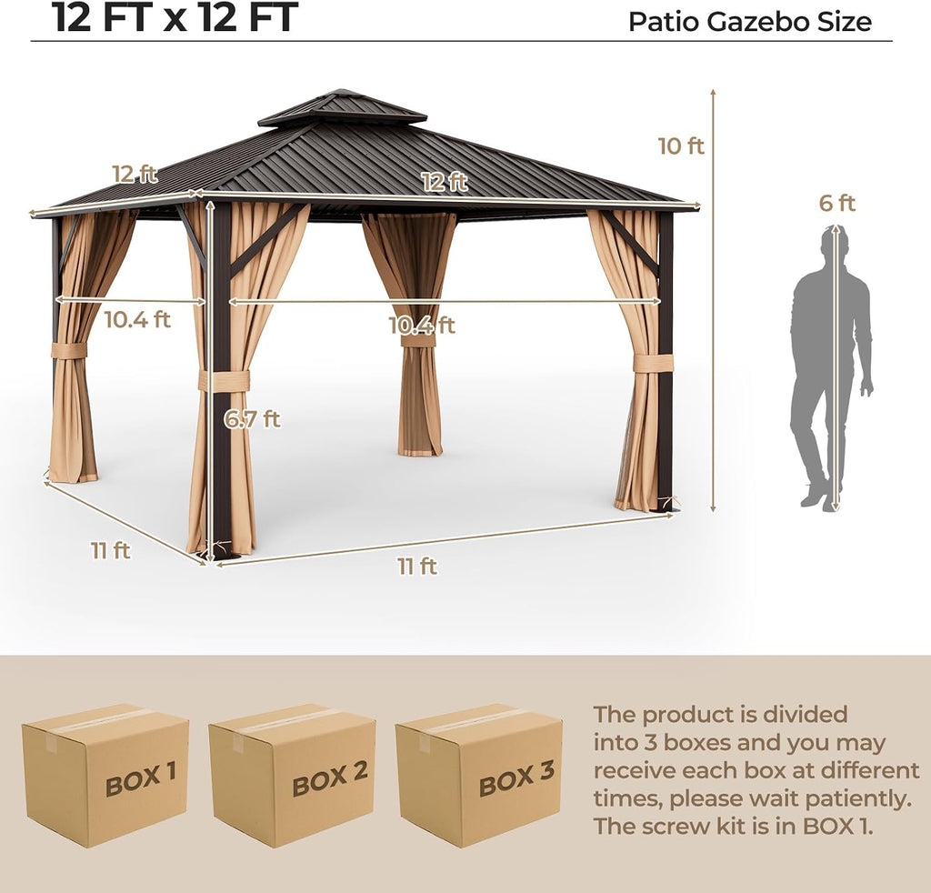 Tangkula 12x12 FT Hardtop Gazebo, Patio Gazebo with Galvanized Steel Double Roof & Aluminum Frame, Permanent Pavilion Outdoor Gazebo with Netting & Curtains for Patio, Garden, Lawn, Backyard, Deck