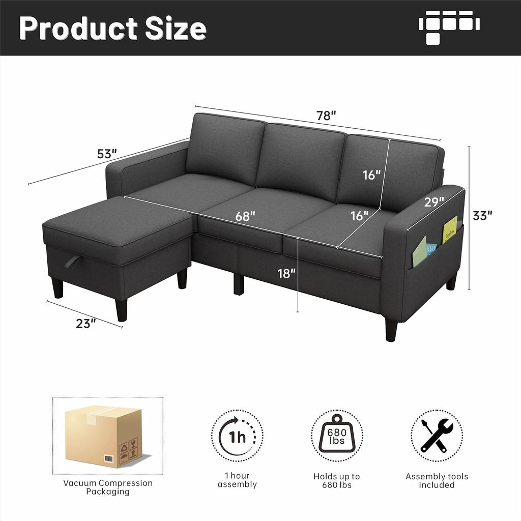 Youmumeub Sectional Couches for Living Room - Convertible Sofa and Storage Bench,79''Modern Corner Configuration,Suitable for Living Room, Apartment, Bedroom and Office-Gray | Reversible Chaise, Reversible Chaise