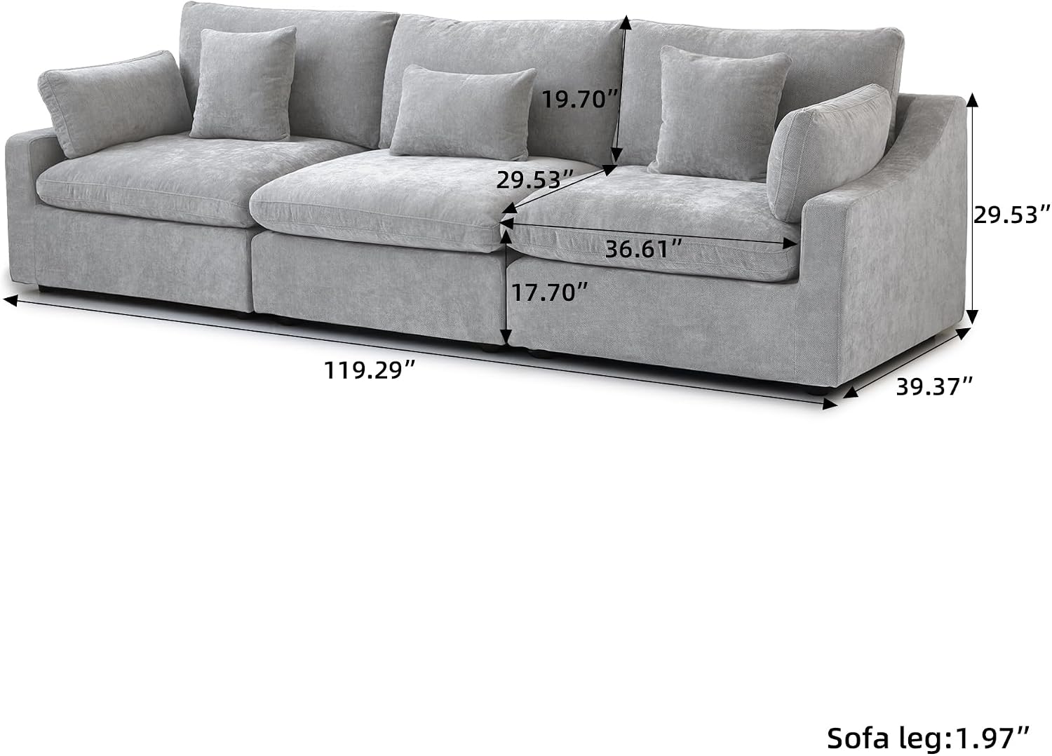 Modular Sectional Sofa Cloud Couch, 119.29' Oversized 3 Seater Sofa with Pillows, Linen Blend Fabric Minimalist Deep Seat Sofa Couches for Living Room, Sofa Covers Washable&Removable, Grey