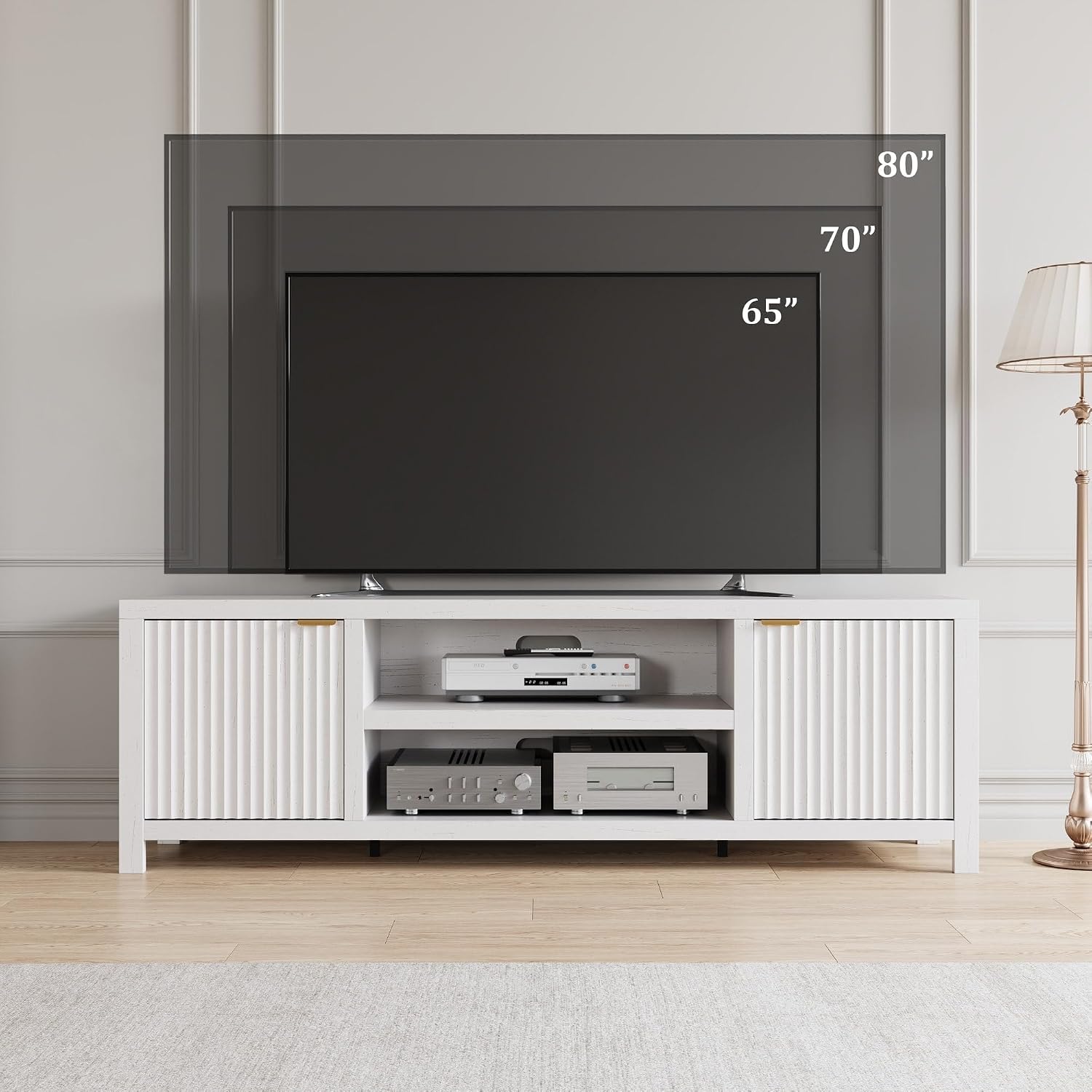 IDEALHOUSE Fluted TV Stand for 75+ Inch, Modern Entertainment Center with 2-Tier Storage & Adjustable Shelves, Media Console Cabinet with 2 Fluted Doors and Gold Handle for Living Room, Bedroom, White