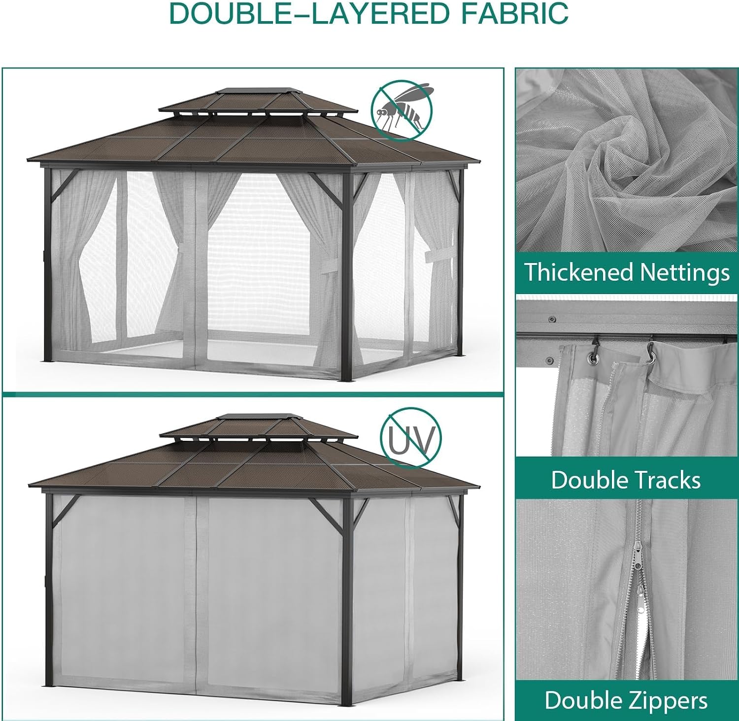 10'x10' Hardtop Gazebo - Heavy Duty Galvanized Steel Frame with Double Roof, Includes Netting & Curtains for Patio/Backyard (Gray)