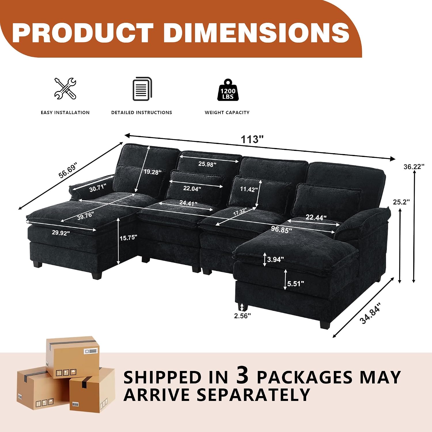 113' Oversized Cloud Couch, U Shape Sectional 4 Seat Sofa with Double Chaises, 2 Layer Cusions, Deep Seat Comfy Sofa, Upholstery Chenille Fabric for Living Room, Black