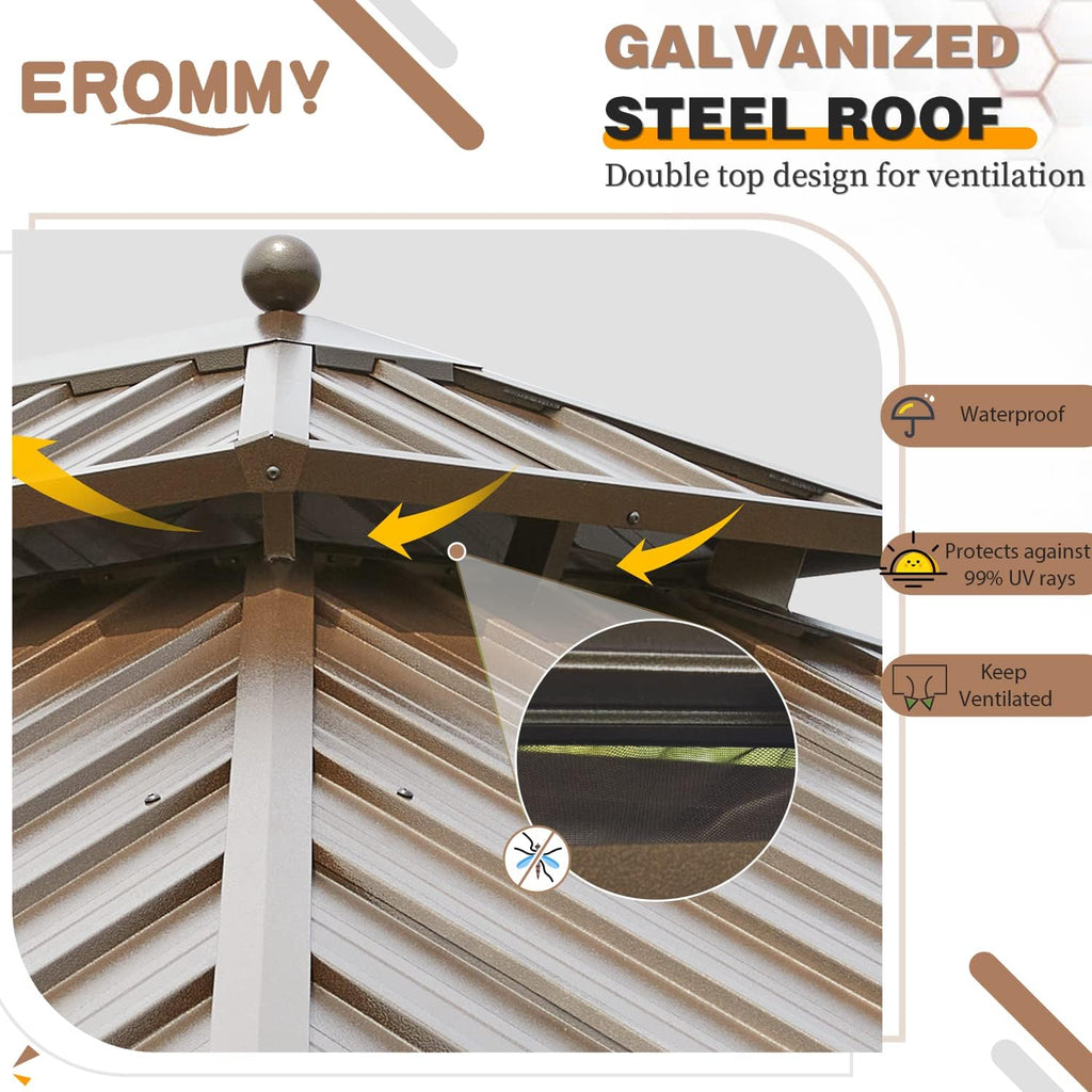 EROMMY 10'x13' Hardtop Gazebo Double Roof Galvanized Steel Canopy Outdoor Aluminum Frame Permanent Metal Pavilion with Netting and Curtains for Patio Backyard Deck and Lawns