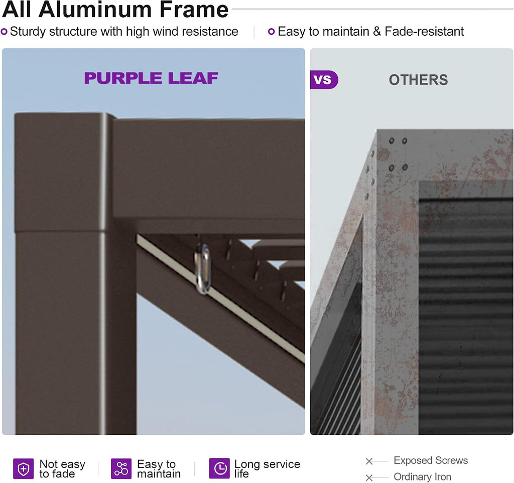 PURPLE LEAF 10' x 12' Outdoor Louvered Pergola Aluminum Pergola with Adjustable Roof for Camping Outdoor Patio Deck Garden Hardtop Gazebo Bronze