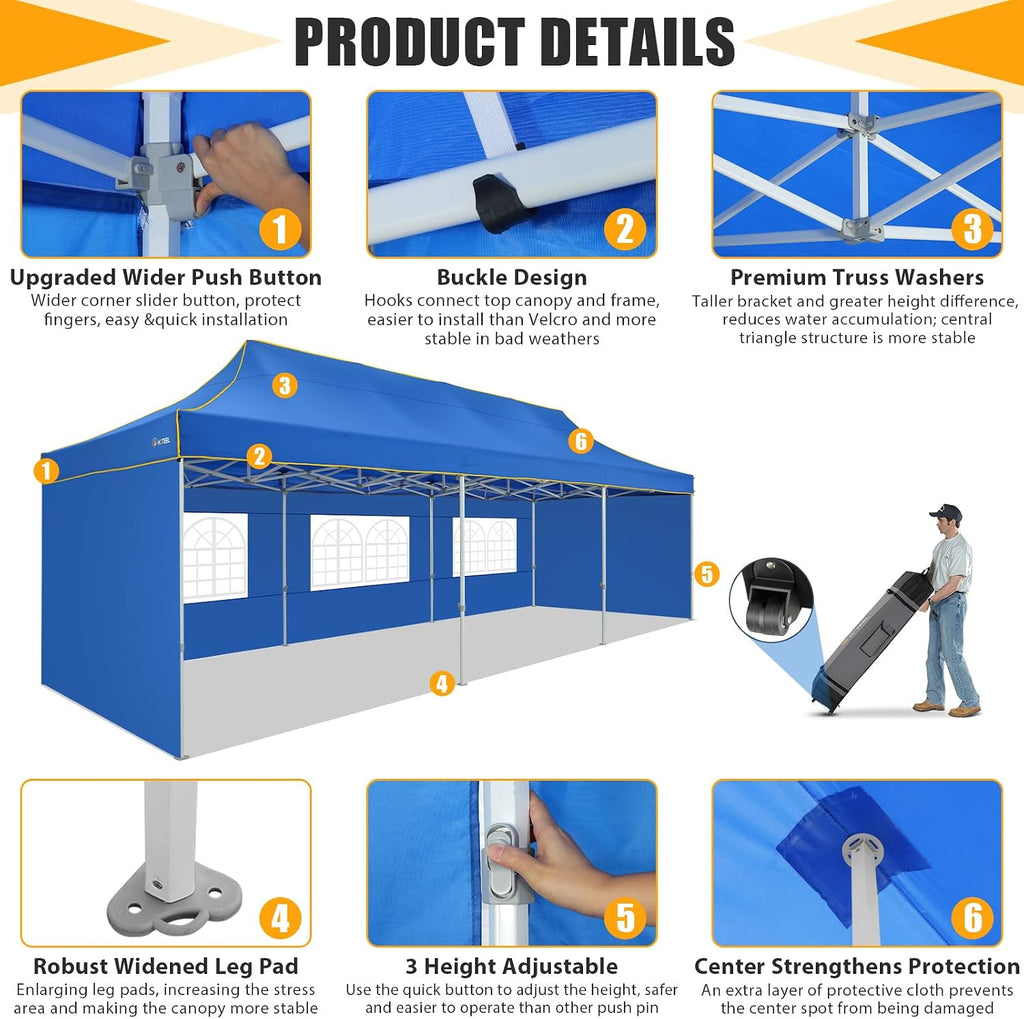 HOTEEL 10x30 Heavy Duty Pop Up Canopy Tent with 5 Sidewalls&Wheeled Bag, Commercial Event Party Tent Wedding Instant Canopy Waterproof, Upgraded Thicked Hexagonal Legs, UV 50+, Blue