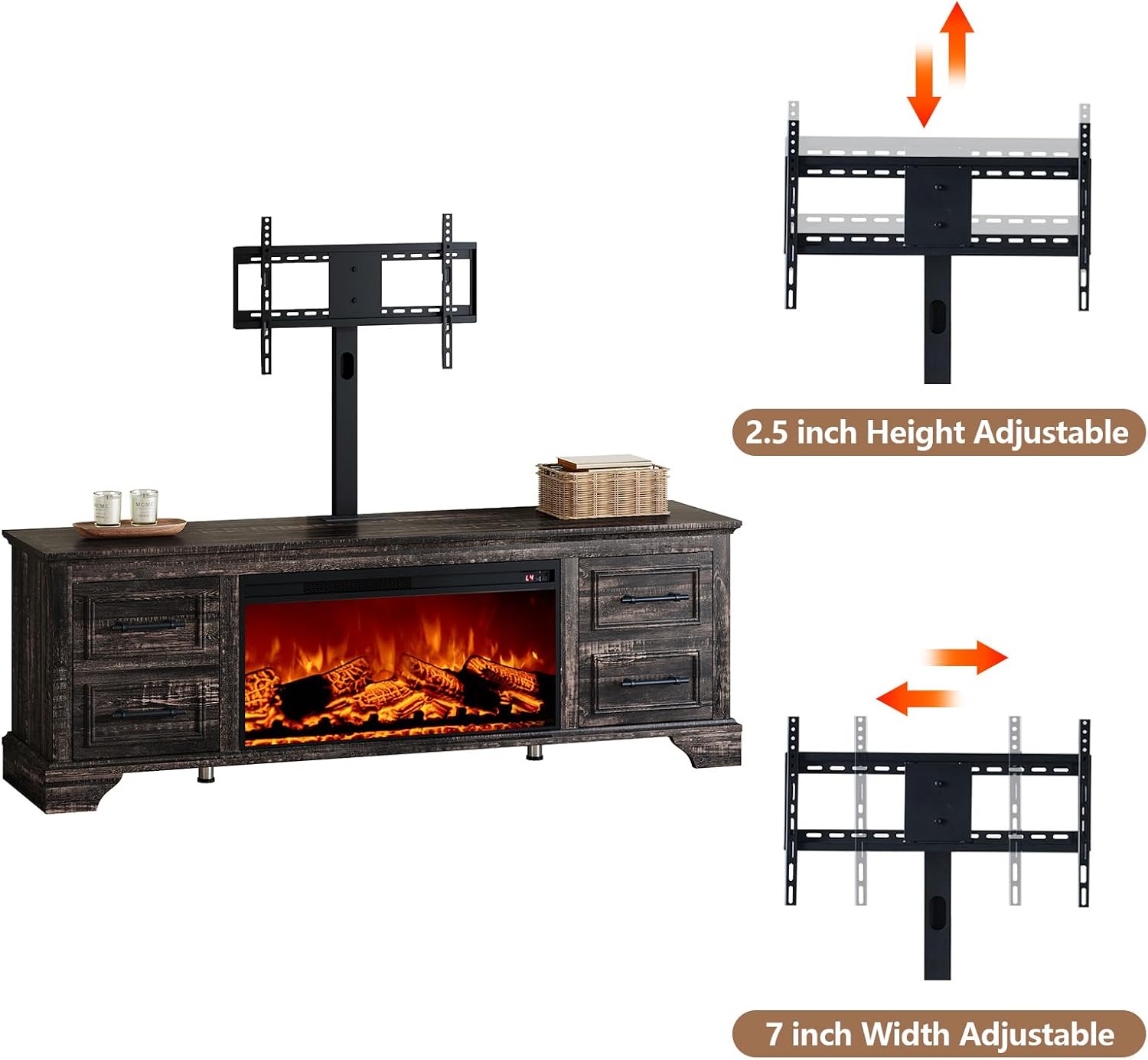 AMERLIFE 70' Fireplace TV Stand with Mount, Farmhouse Entertainment Center with 30' Electric Fireplace & Power Outlets for 32 to 70 inch TVs, Black Oak