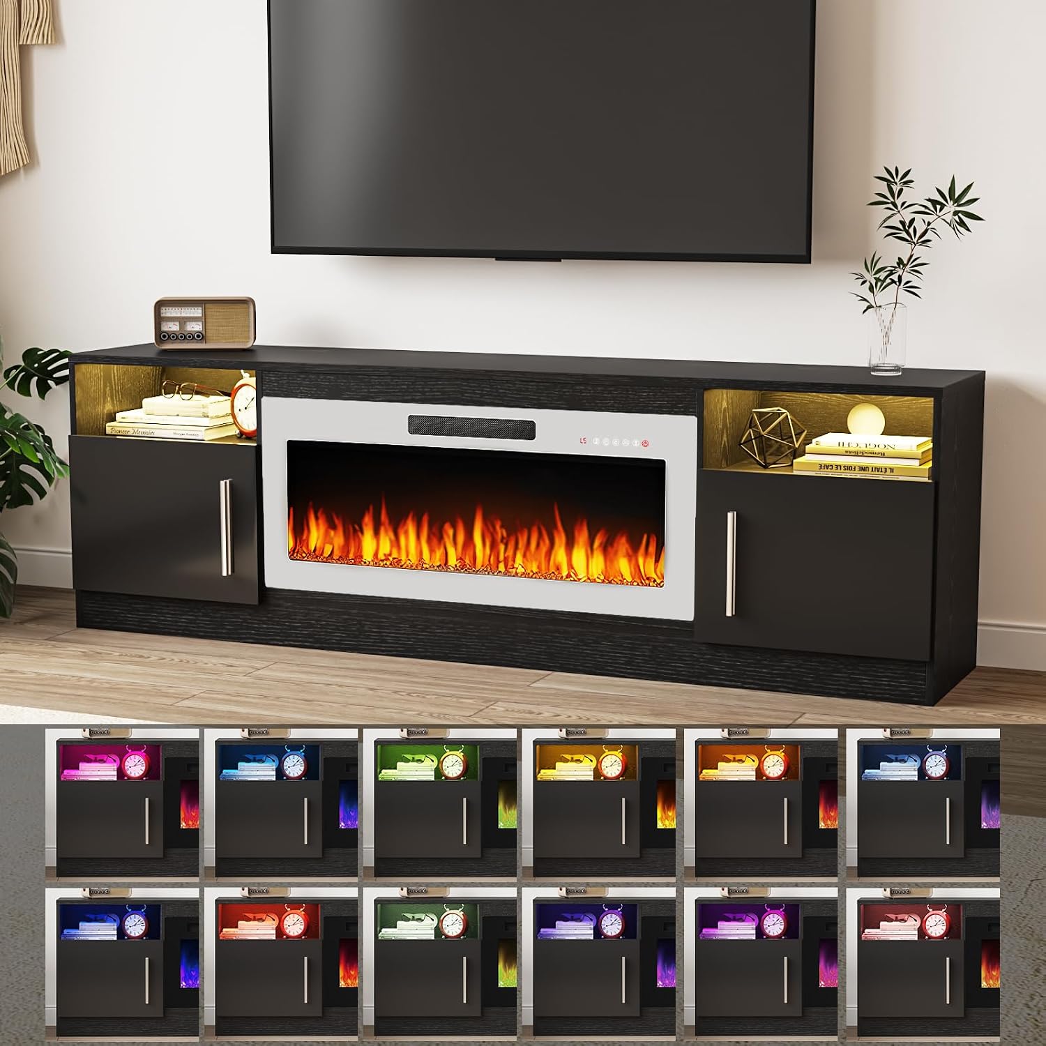 TAVATA 70' Fireplace TV Stand, Modern LED Light Entertainment Center with Storage and 36' Fireplace, Media TV Console for TVs Up to 80', Fire Place TV Stands for Living Room, Black+White