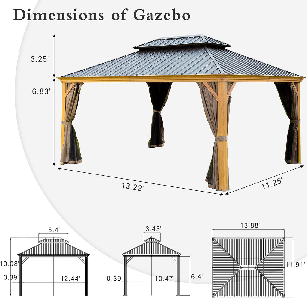 Domi Outdoor Living 12'x14' Hardtop Gazebo, Wooden Coated Aluminum Frame Canopy with Galvanized Steel Double Roof, Outdoor Permanent Metal Pavilion with Curtains and Netting for Patio, Deck and Lawn
