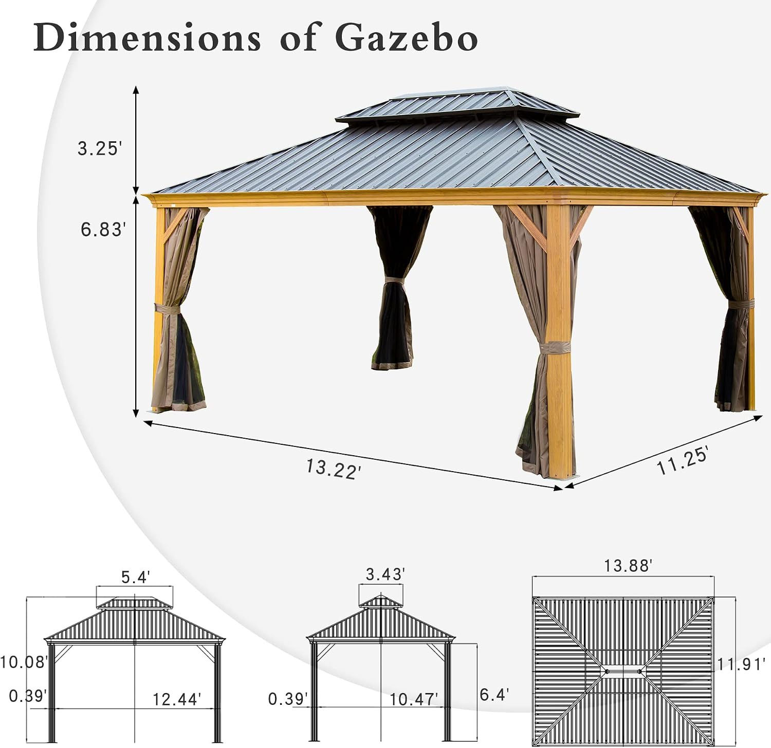 Domi Outdoor Living 12'x14' Hardtop Gazebo, Wooden Coated Aluminum Frame Canopy with Galvanized Steel Double Roof, Outdoor Permanent Metal Pavilion with Curtains and Netting for Patio, Deck and Lawn