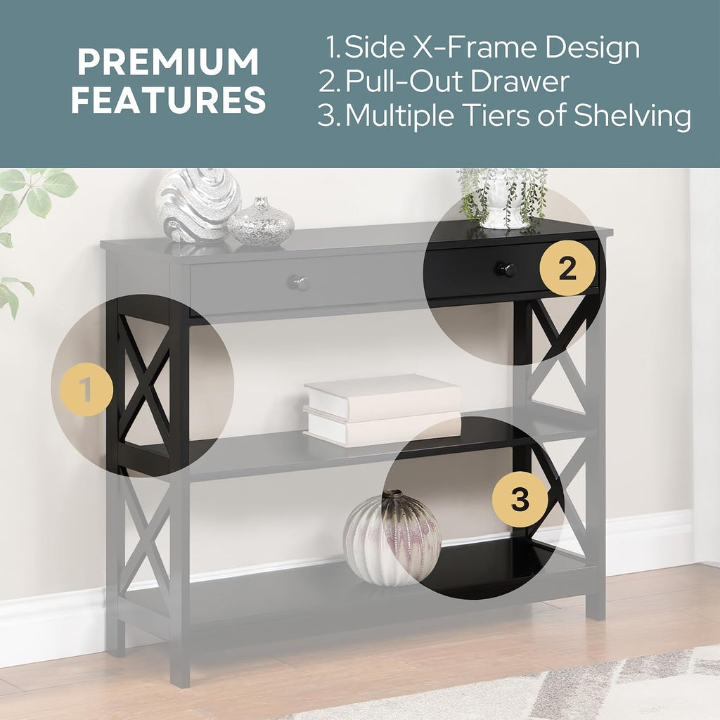 Convenience Concepts Oxford 1-Drawer Console Table 39.5' - Farmhouse Sofa Display with Storage Shelf For Living, Family, & Dining Room, Modern Entryway Hall Table for Kitchen, Bedroom, Black