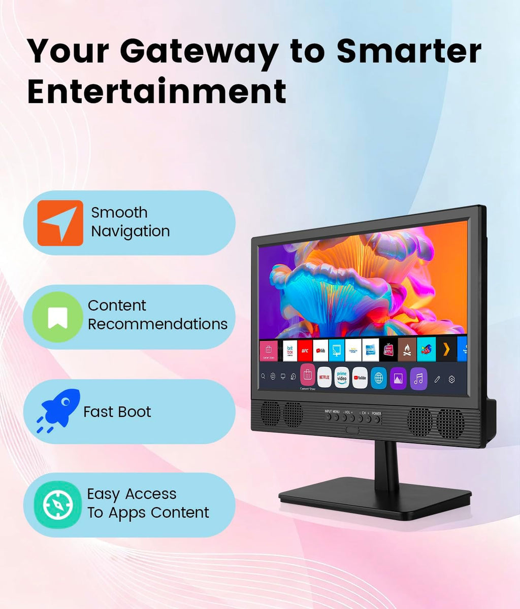 Feihe 14 Inch Small Smart TV, HD LED Flat Screen Smart TV with ATSC Tuner/HDMI/USB/AV for Kitchen, RV, Camper, Bedroom or Travel Use
