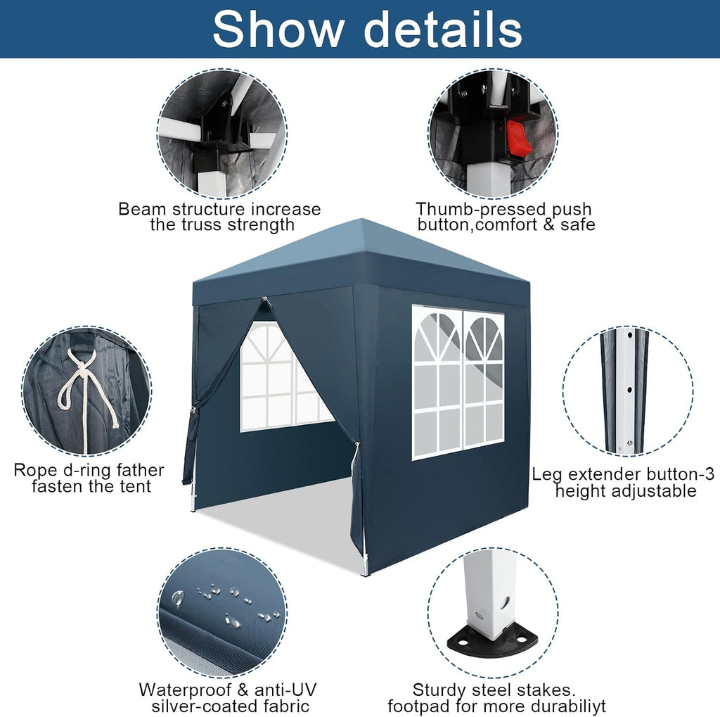 6.5x6.5 Pop Up Canopy Tent with Sidewalls, 3 Height Adjustable Beach Tent with Carrying Bag, 8 Stakes & 4 Ropes, Easy Set Up Gazebo for Events, Party, Wedding
