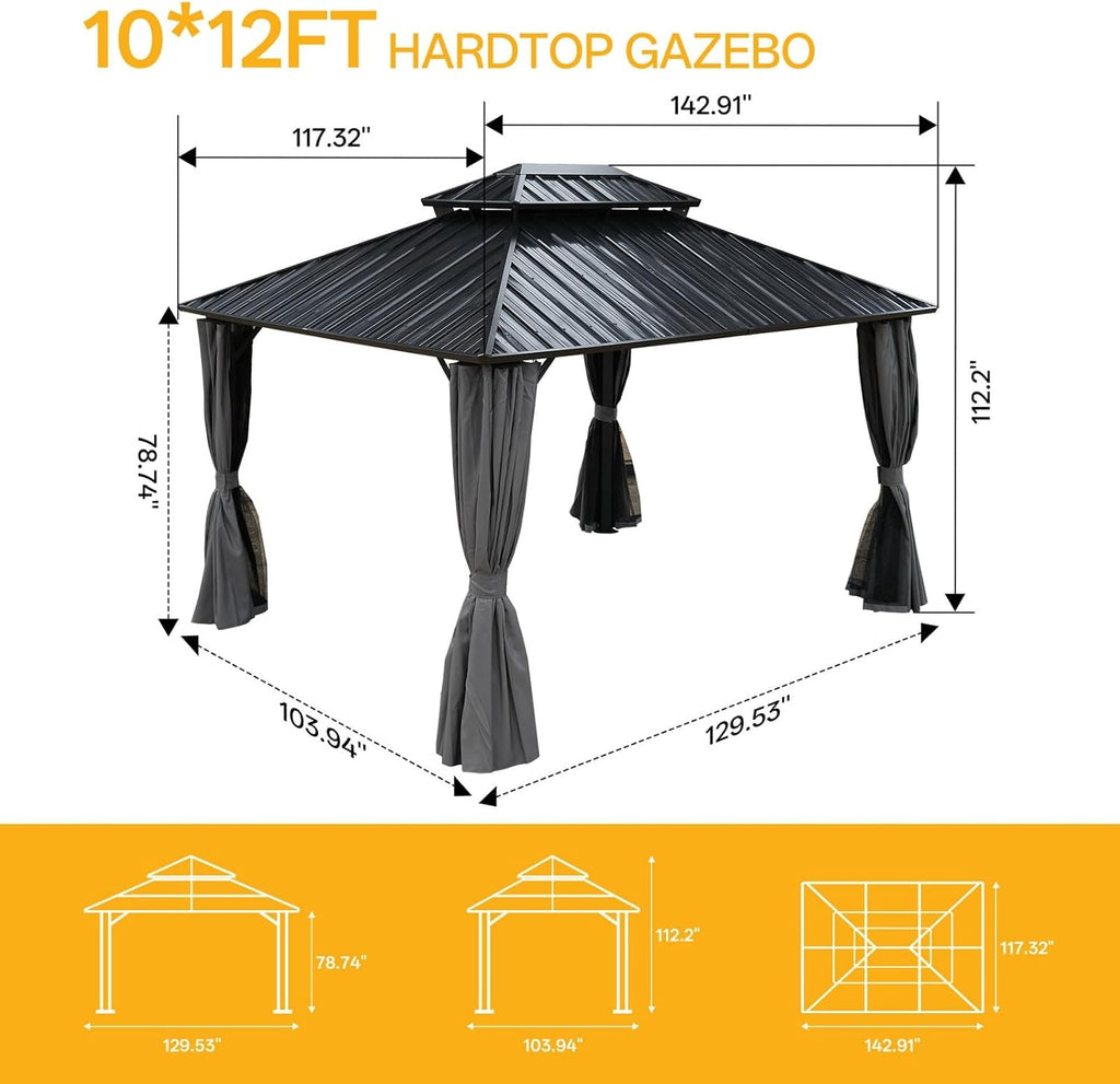 10x12 Hardtop Gazebo Outdoor Metal Gazebo with Double Roof & Netting Curtains - Heavy Duty Steel Pavilion for Patios, Waterproof & Snow Load Resistant