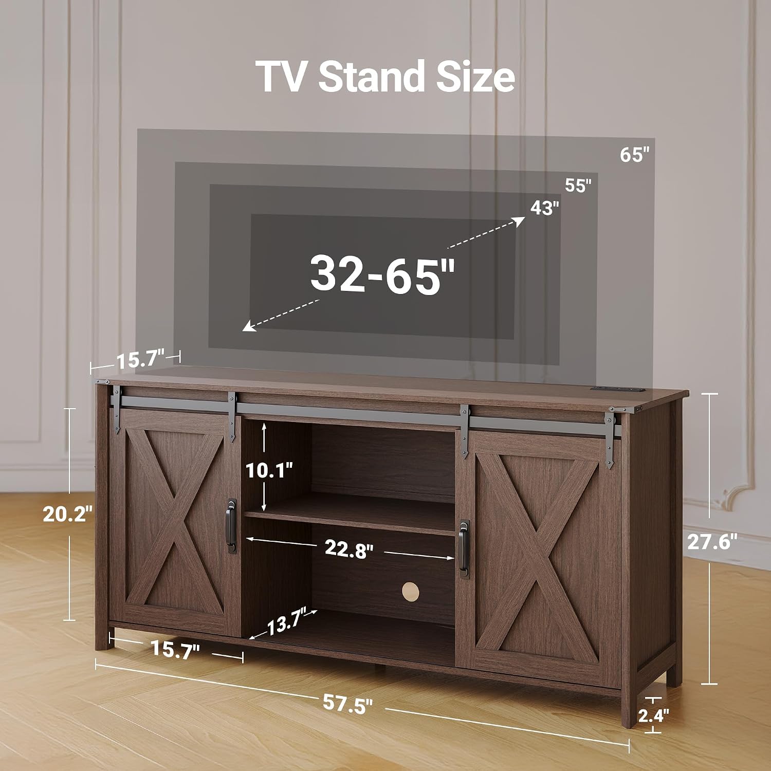 Claiks Farmhouse TV Stand with Power Outlet for TV up to 65', Modern Entertainment Center with Sliding Barn Door & Cabinet, Rustic Media TV Console Table for Living Room, Walnut