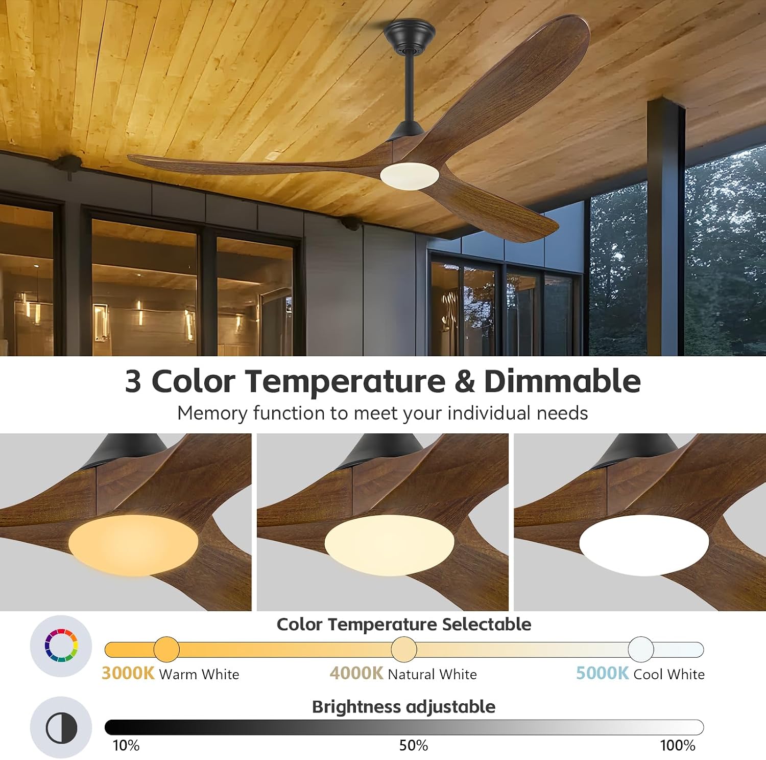 60'' Modern Wood Ceiling Fans with Light Remote, 3 Blades Smart Ceiling Fan Alexa/APP Control, Outdoor Indoor Reversible Quiet DC Fan Dimmable for Patios Living room, Brown Propeller Farmhouse