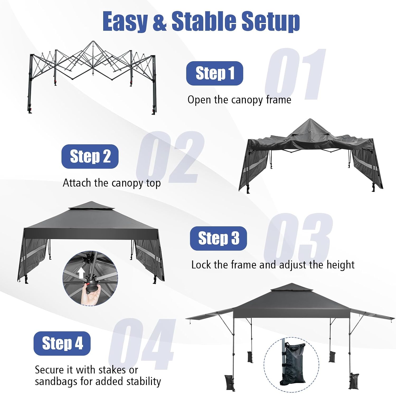 HAPPYGRILL Pop Up Canopy with Dual Awnings 10x17.6 FT, Outdoor Gazebo Shelter with Portable Wheeled Carrying Bag, Easy Setup Instant Tent for Patio Camping Picnic (Grey)