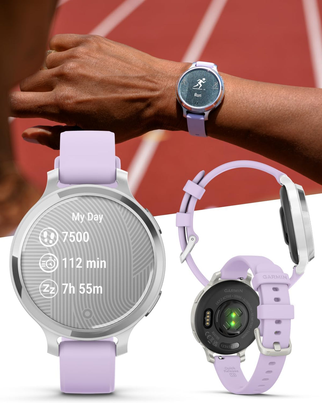 Garmin Lily 2 Active, Silver with Purple Jasmine Silicone Band, Smartwatch, Built-in GPS, Hidden Display, Patterned Lens, Up to 9 Days Battery Life w Black Earbuds Bundle