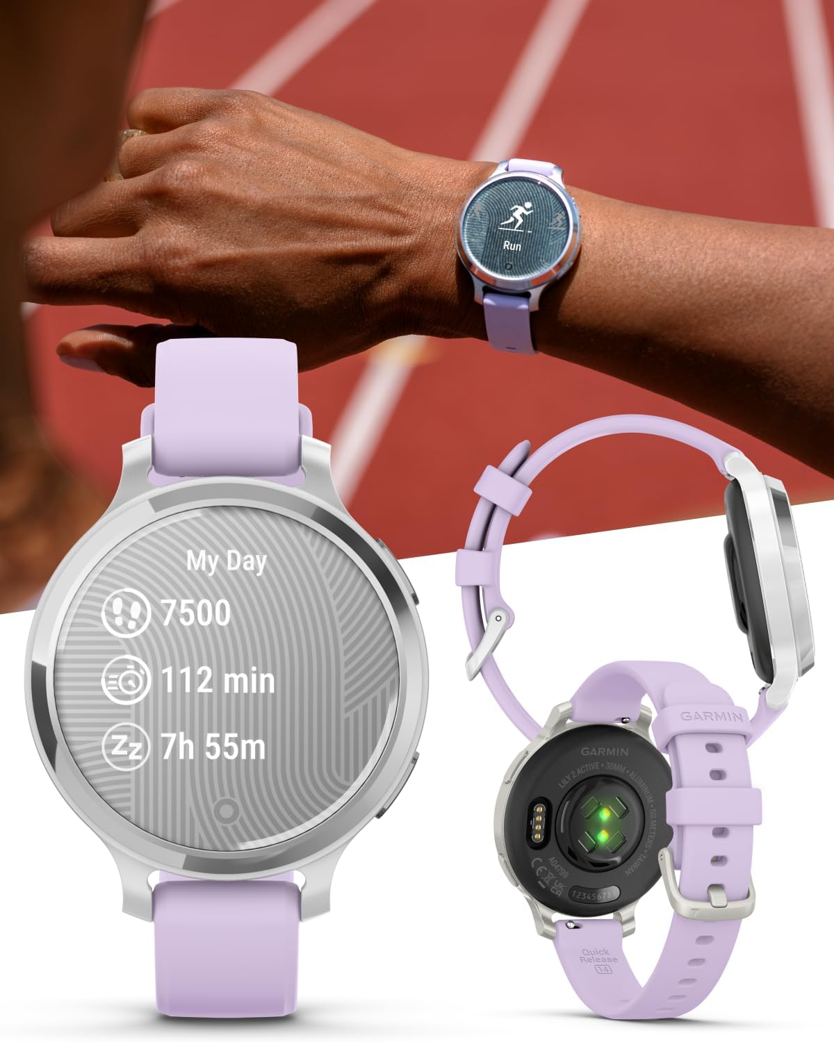 Garmin Lily 2 Active, Silver with Purple Jasmine Silicone Band, Smartwatch, Built-in GPS, Hidden Display, Patterned Lens, Up to 9 Days Battery Life w White Earbuds Bundle