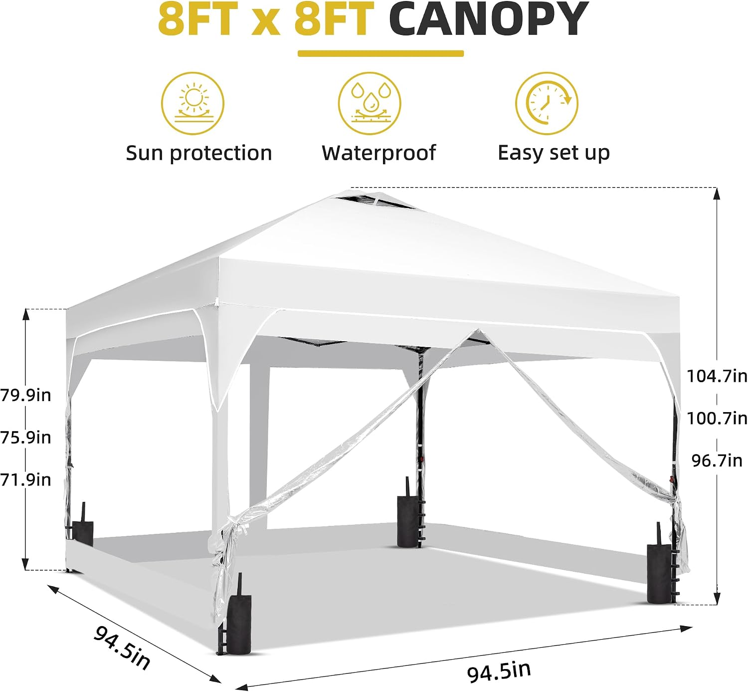 GDY 8x8 FT Pop Up Canopy Tent with One Push Setup,Setup Gazebo with 4 PVC Transparent Sidewalls,Easy Carry for Events, Parties, Camping, White