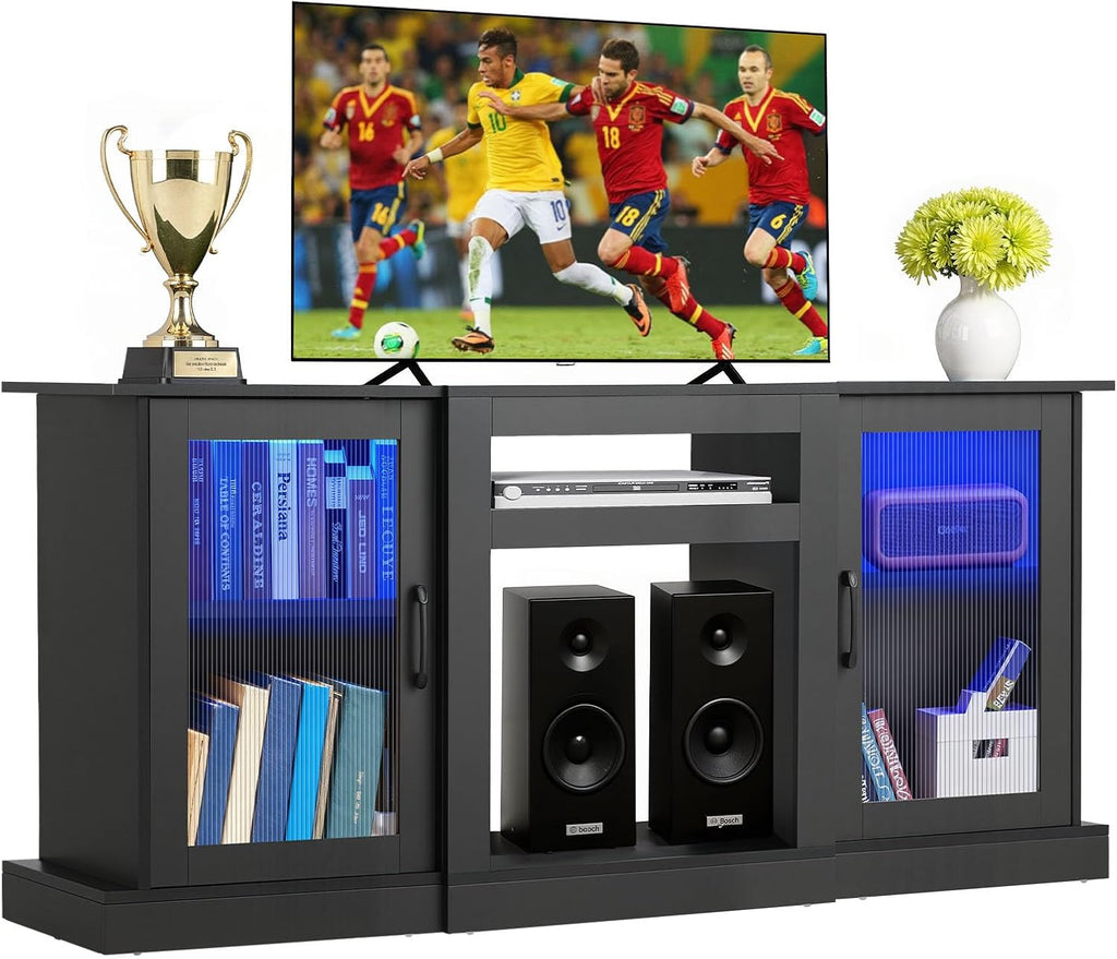 VEVOR Tall TV Stand for 65 inch TVs, Modern Entertainment Center with LED Light, Wooden TV Storage Cabinet with Glass Doors and Adjustable Shelves, Media Console for Living Room and Bedroom, Black