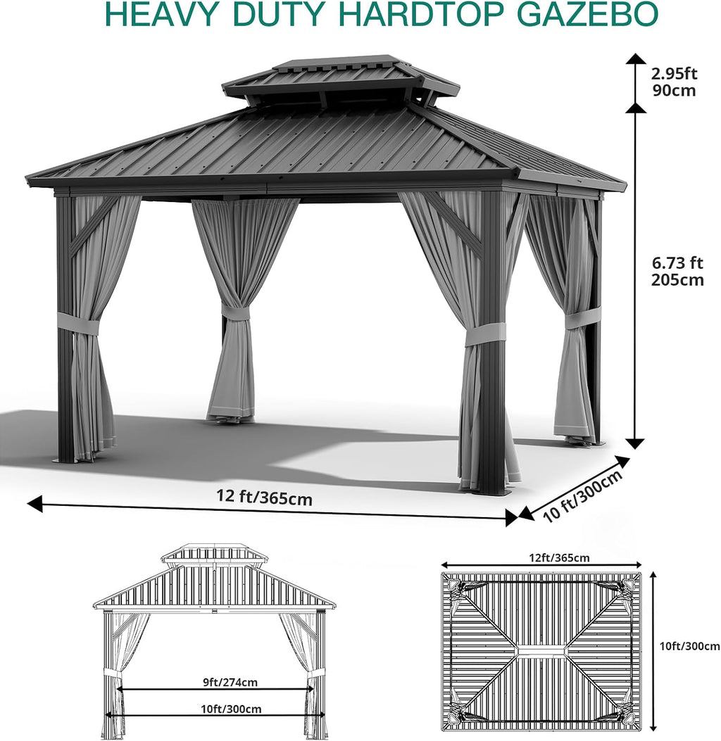 Garvee 10x12 ft Hardtop Gazebo, Outdoor Heavy Duty Galvanized Aluminum Framed Double Roof Pavilion with Netting and Curtains, Waterproof Metal Roof Gazebo for Backyard, Patio, Deck and Poolside, Grey