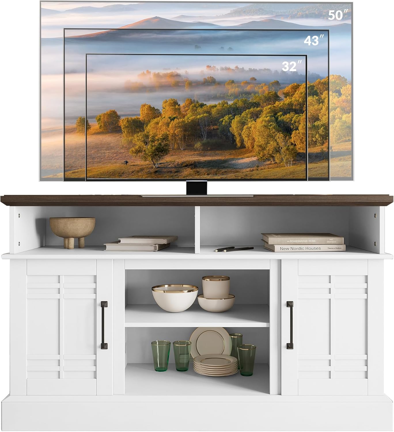 BELLEZE Modern 48' Farmhouse Wood TV Stand & Media Entertainment Center Console Table for TVs up to 50 Inch with Open Storage Shelves & Cabinets - Norrell (White)
