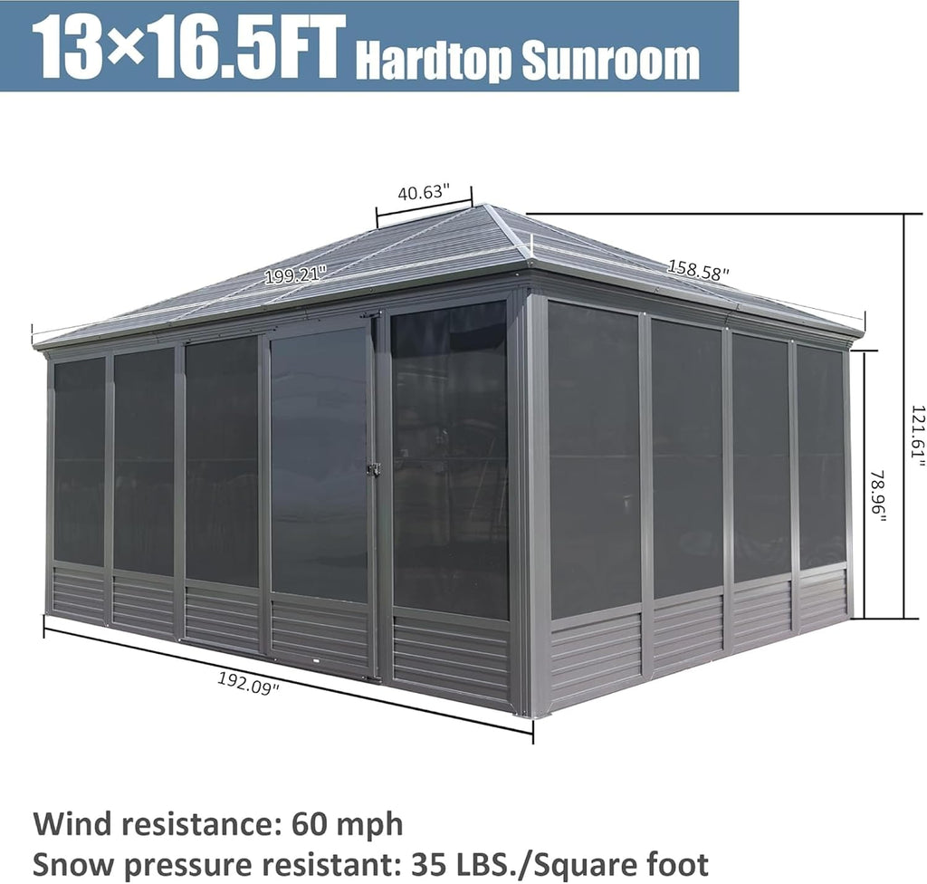 13'(W) x 16.5'(L) Outdoor Sunroom Aluminum Hardtop Gazebo with Galvanized Steel Roof, PVC Screen Walls and Sliding Doors, Gray