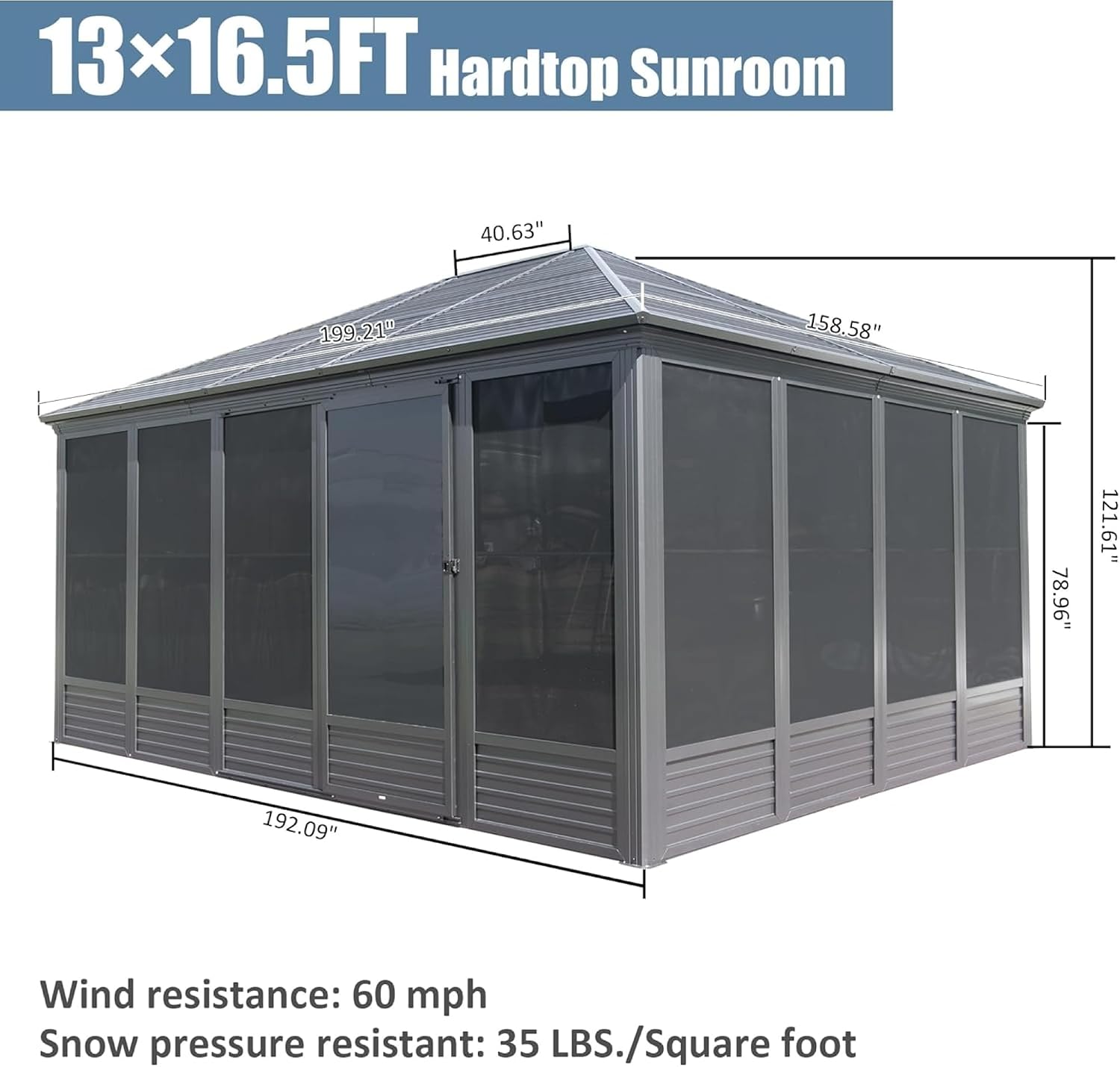 13'(W) x 16.5'(L) Outdoor Sunroom Aluminum Hardtop Gazebo with Galvanized Steel Roof, PVC Screen Walls and Sliding Doors, Gray