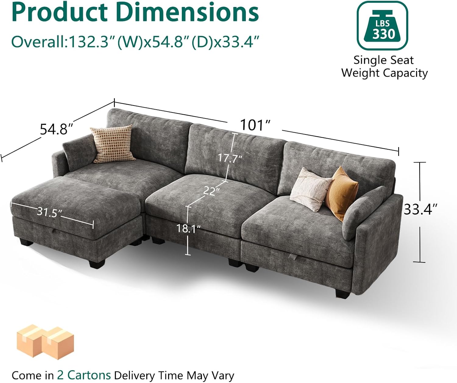 Modular Sectional U Shaped Sofa Couches for Living Room, Cloud Couch with Storage Ottoman, Comfy Chenille Sofa with Pillow, Dark Gray