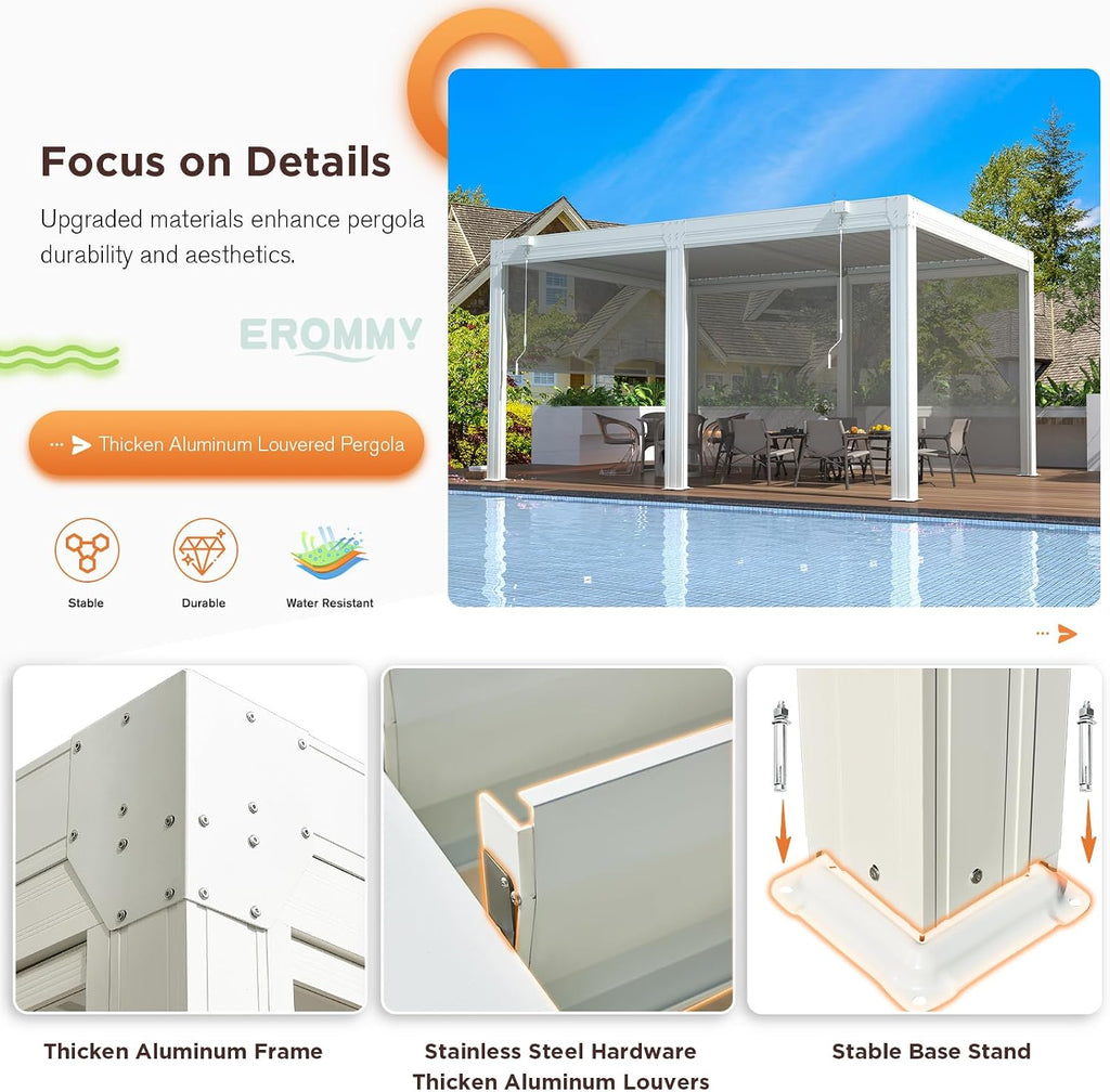 EROMMY 12x16 Louvered Pergola with Side Pull-Down Screen, Outdoor Aluminum Pergola with Thickened Frame and Adjustable Metal Rainproof Roof for Deck Patio Garden Yard, White