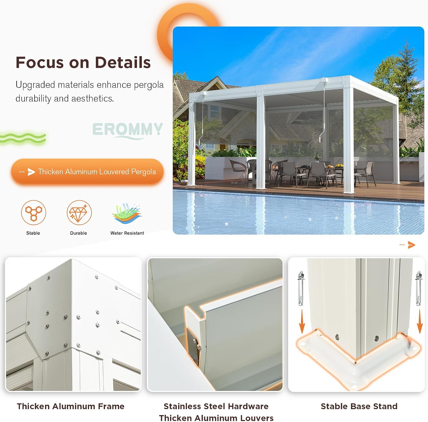 EROMMY 12x16 Louvered Pergola with Side Pull-Down Screen, Outdoor Aluminum Pergola with Thickened Frame and Adjustable Metal Rainproof Roof for Deck Patio Garden Yard, White