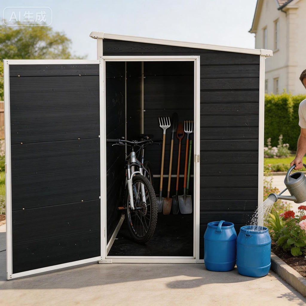 Storage Shed, 4x8ft Outdoor Storage Shed with Floor Included with 2 Windows and Lockable Door, Resin Sheds for House Garden Tools, Bike, Motorcycle, Lawn Mover, Lean to Shed, Black