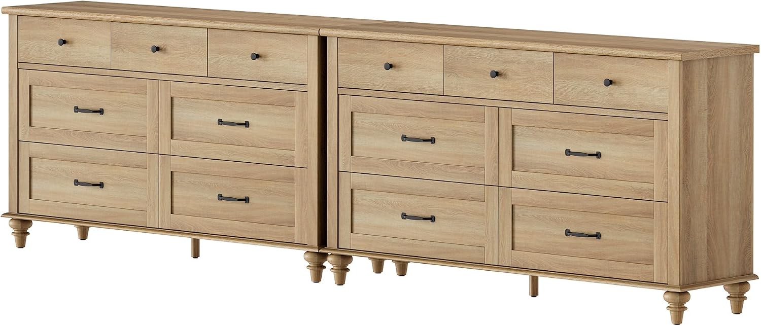 Wampat Large TV Stand for 100 Inch TV, Set of 2 Console Table with 14 Drawers, Wide Media Storage Dresser for Living Room, Oak, 108 Inch
