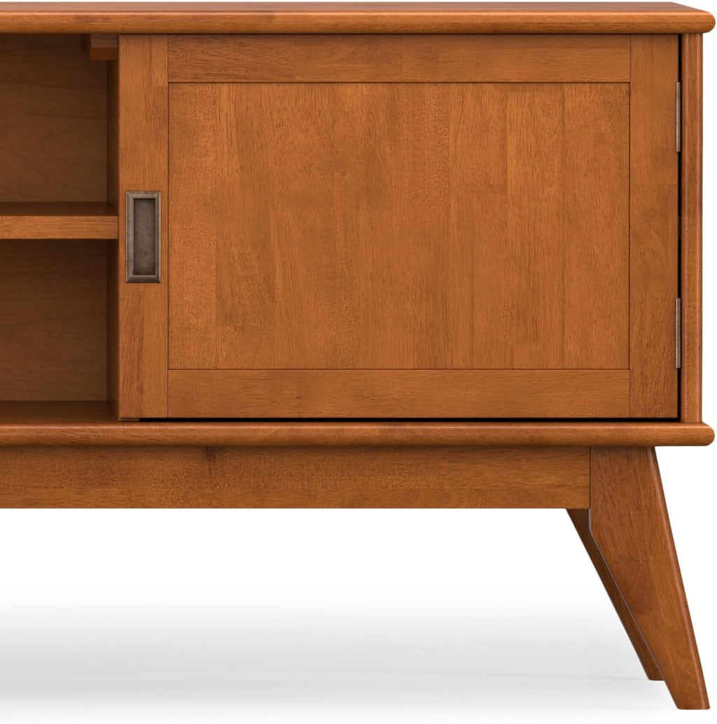 SIMPLIHOME Draper TV Stand - 72 inch Wide Solid Wood Media Console in Teak Brown, Mid Century Modern Entertainment Center for Living Room for TVs up to 80 Inches with Cabinets and Cable Management