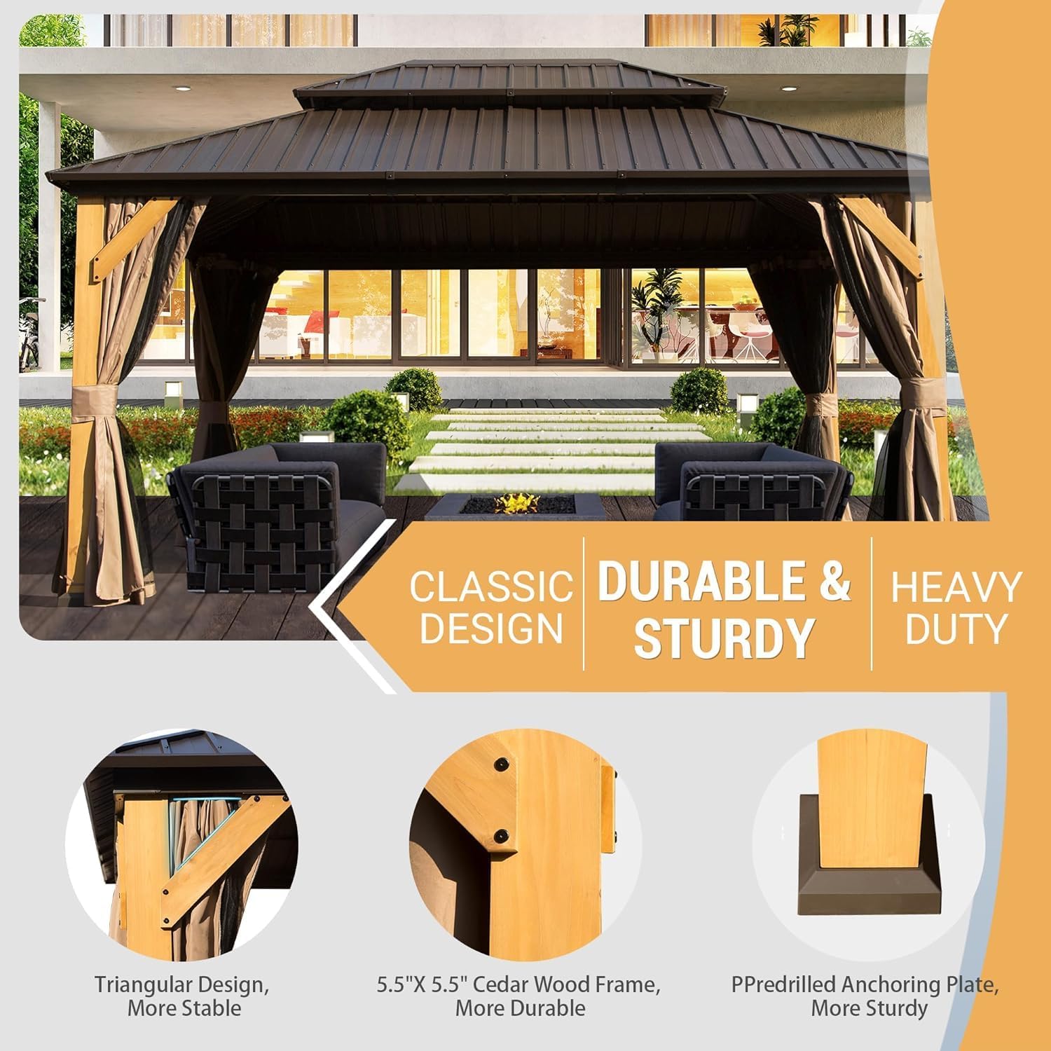 12x16FT Wood Gazebo, Solid Wood Hardtop Gazebo with Galvanized Steel Double Roof, Netting Curtains, Outdoor Gazebo for Patio, Backyard, Deck, Lawns