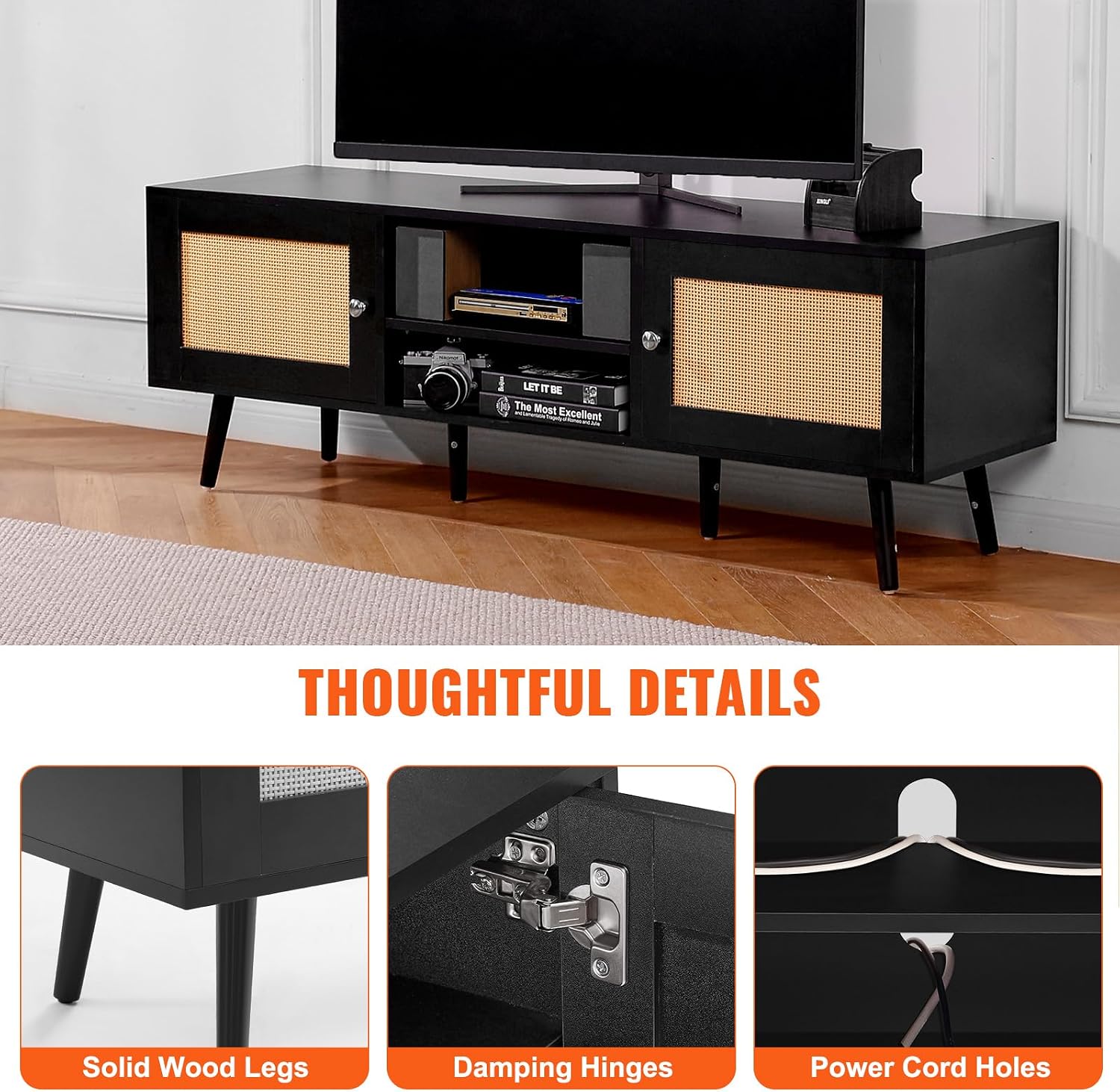 VEVOR Rattan TV Stand for 65 inch TV, Boho TV Stand with Rattan Door, Entertainment Center with Build-in Socket and USB Ports, Modern TV Console for Living Room, Media Room, Black