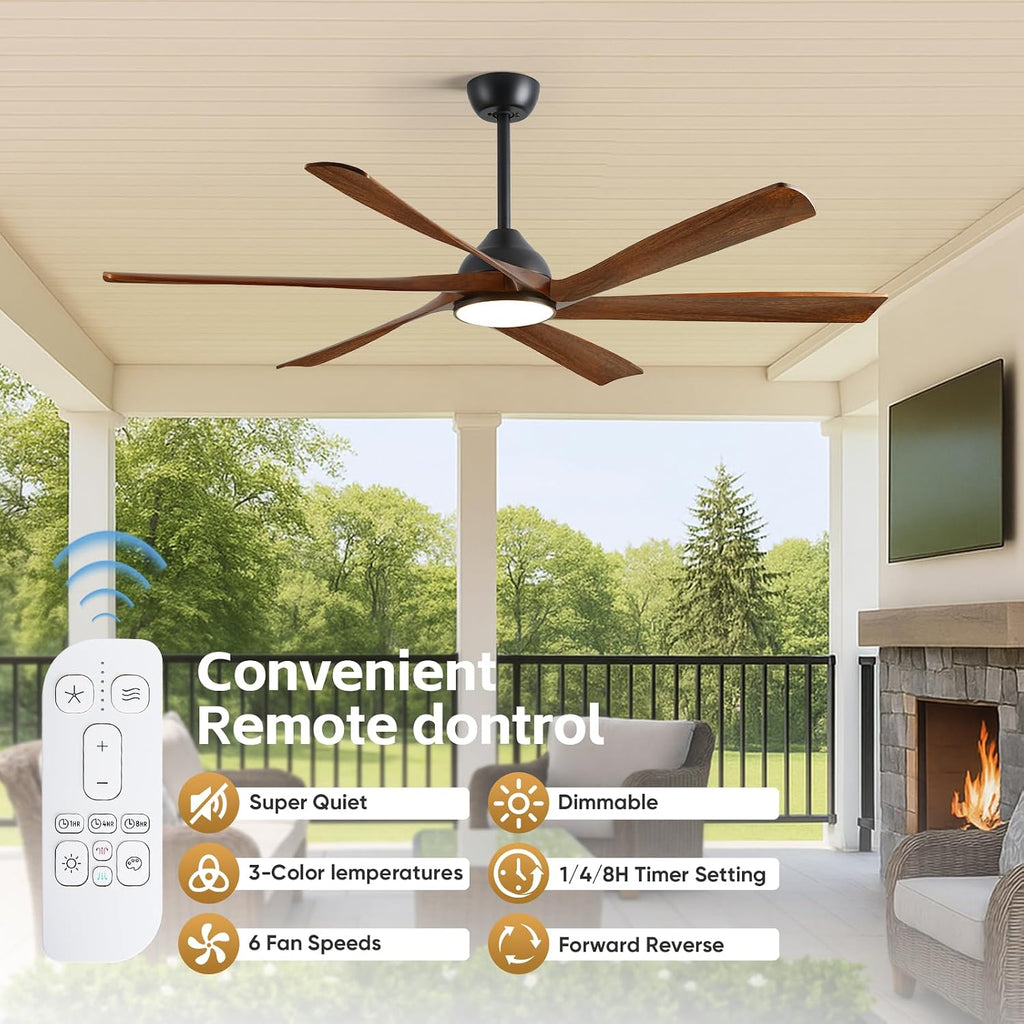 60 Inch Outdoor Ceiling Fan with Light and Remote, Rustic Farmhouse Smart Fan with WiFi App/Alexa Voice Control, 6 Solid Wood Blades, Quiet Reversible DC Motor, Damp Rated for Patio Bedroom