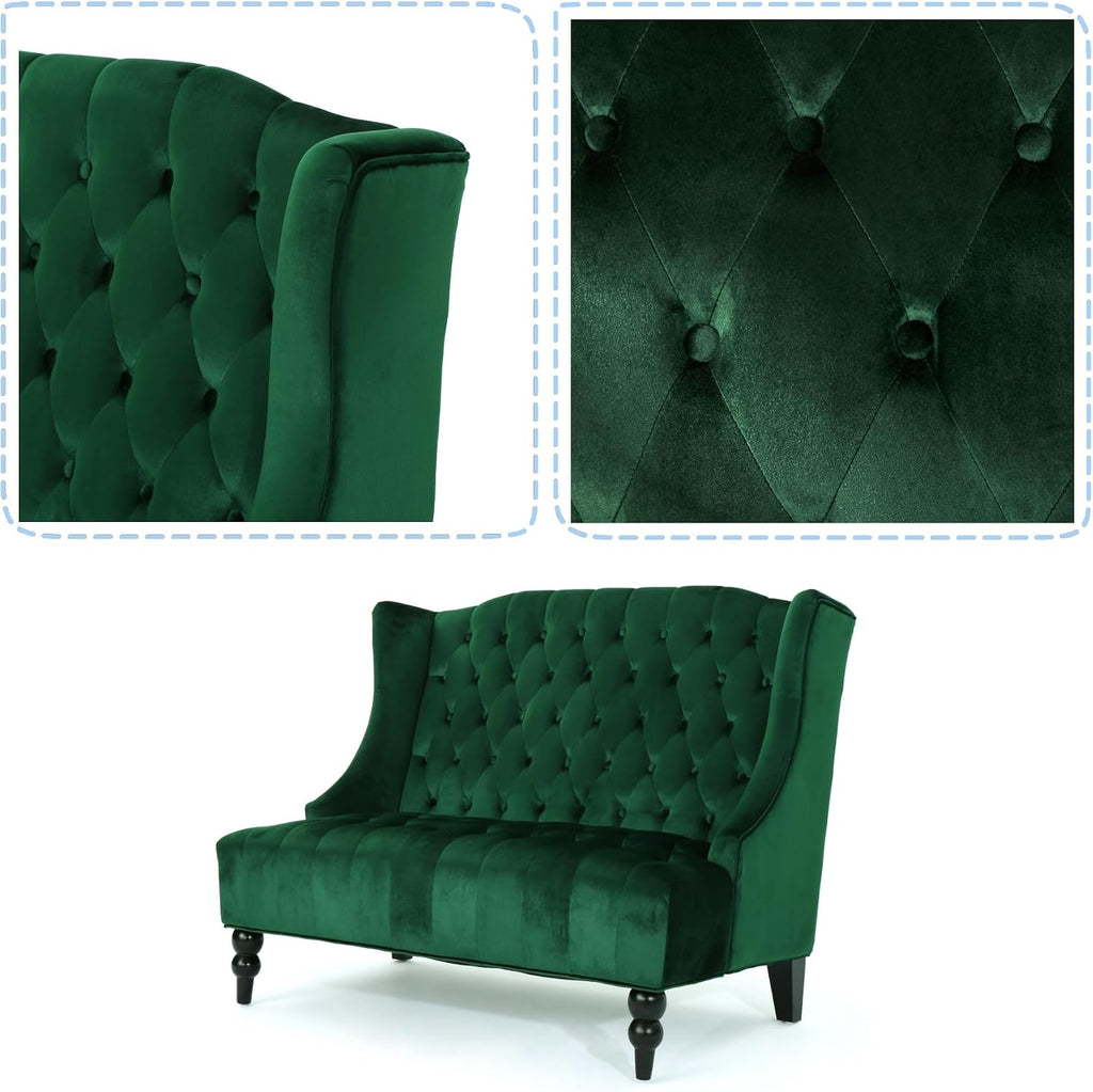Modern Tufted Velvet Wingback Loveseat, Tufted Velvet 2 Seat Couch Sofas with High Back Thick Padded Cushioned Seats for Living Room, Victorian Style, Emerald