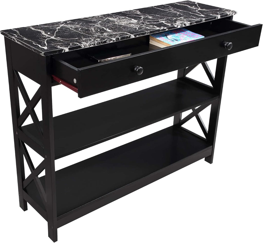 Convenience Concepts Oxford 1 Drawer Console Table with Shelves, Black Faux Marble/Black