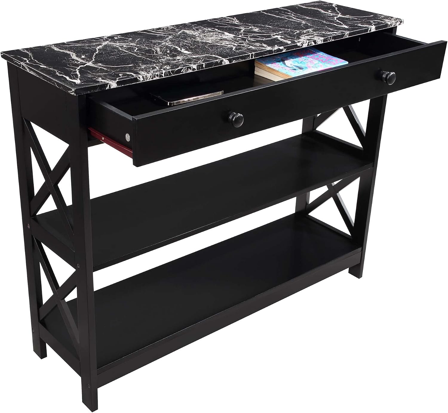 Convenience Concepts Oxford 1 Drawer Console Table with Shelves, Black Faux Marble/Black